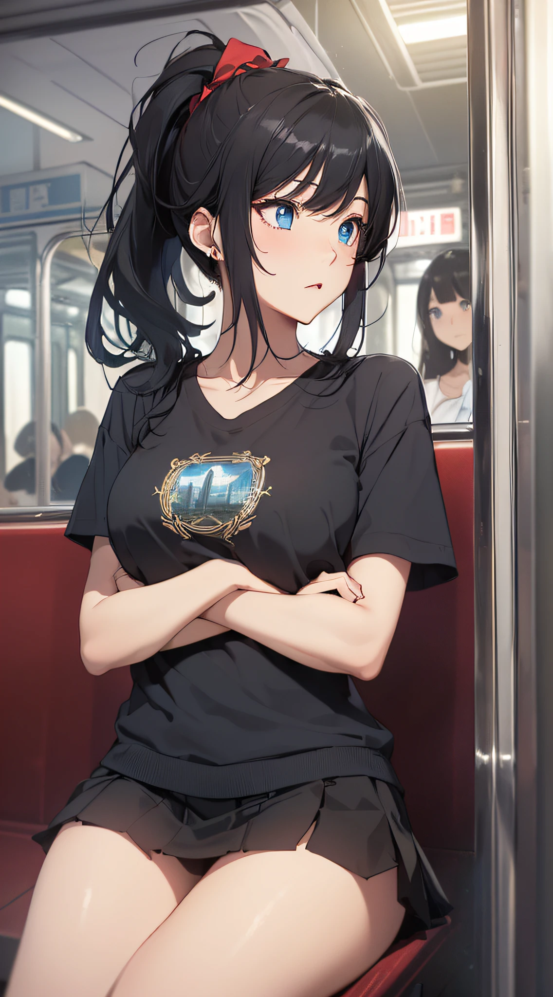 top-quality、Top image quality、masterpiece、girl with((18year old、Best Bust、Medium bust、Bust 85,Beautiful blue eyes、Breasts wide open,Black Short Sleeve T-Shirt、Red cardigan with short sleeves、Black short skirt、Ponytail with black hair、sitting in the seat、read a book、serious facial expression)hiquality、Beautiful Art、Background with((On the train)),masutepiece、Elaborate design、visualart、depth of fields、The best lighting、highestdetailed、