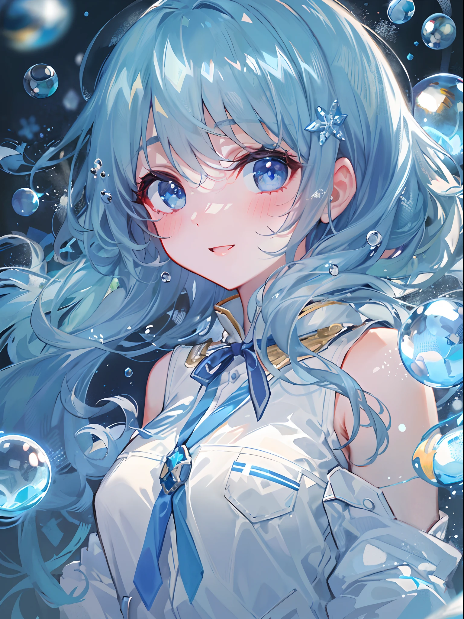((top-quality)), ((masterpiece)), ((ultra-detailliert)), (Extremely delicate and beautiful), girl with, 独奏, cold attitude,((Black jacket)),She is very(relax)with the(Settled down)Looks,A dark-haired, depth of fields,Evil smile,Bubble, under the water, Air bubble,bright light blue eyes,inner color with bright gray hair and light blue tips,,,,,,Cold background,Bob Hair - Linear Art, shortpants、knee high socks、White uniform like school uniform、Light blue ribbon ties、Clothes are sheer、Hands in pockets、Bright eyes like sapphire,Fronllesse Blue, A small blue light was floating、Upper Eyes、glass shards、Snowflake hair ornament