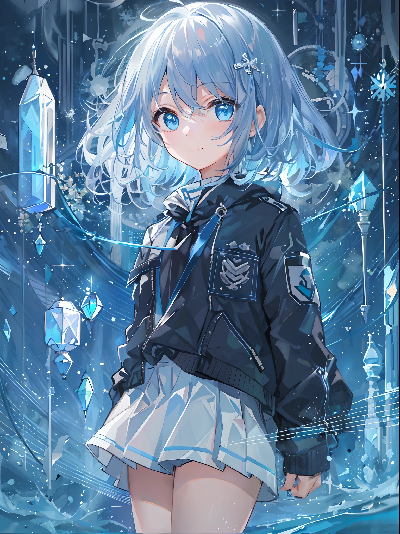 ((top-quality)), ((masterpiece)), ((ultra-detailliert)), (Extremely delicate and beautiful), girl with, 独奏, cold attitude,((Black jacket)),She is very(relax)with the(Settled down)Looks,A dark-haired, depth of fields,Evil smile,Bubble, under the water, Air bubble,bright light blue eyes,inner color with bright gray hair and light blue tips,,,,,,Cold background,Bob Hair - Linear Art, shortpants、knee high socks、White uniform like school uniform、Light blue ribbon ties、Clothes are sheer、Hands in pockets、Bright eyes like sapphire,Fronllesse Blue, A small blue light was floating、Upper Eyes、glass shards、Snowflake hair ornament