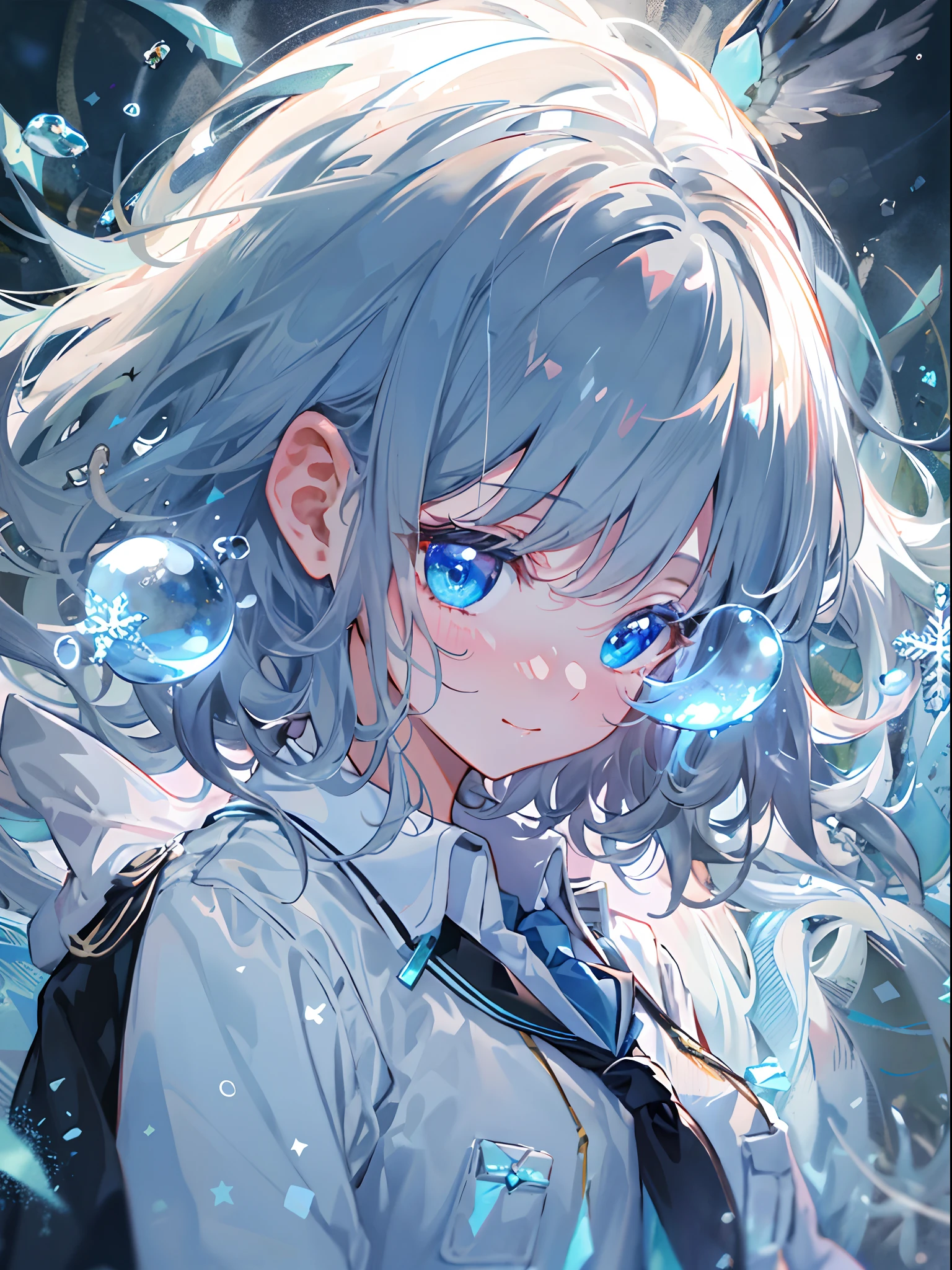 ((top-quality)), ((​masterpiece)), ((ultra-detailliert)), (Extremely delicate and beautiful), girl with, 独奏, cold attitude,((Black jacket)),She is very(relax)with  the(Settled down)Looks,A dark-haired, depth of fields,Evil smile,Bubble, under the water, Air bubble,bright light blue eyes,inner color with bright gray hair and light blue tips,,,,,,Cold background,Bob Hair - Linear Art, shortpants、knee high socks、White uniform like school uniform、Light blue ribbon ties、Clothes are sheer、Hands in pockets、Bright eyes like sapphire,Fronllesse Blue, A small blue light was floating、Upper Eyes、glass shards、Snowflake patterned eyes、Fantastic eyes