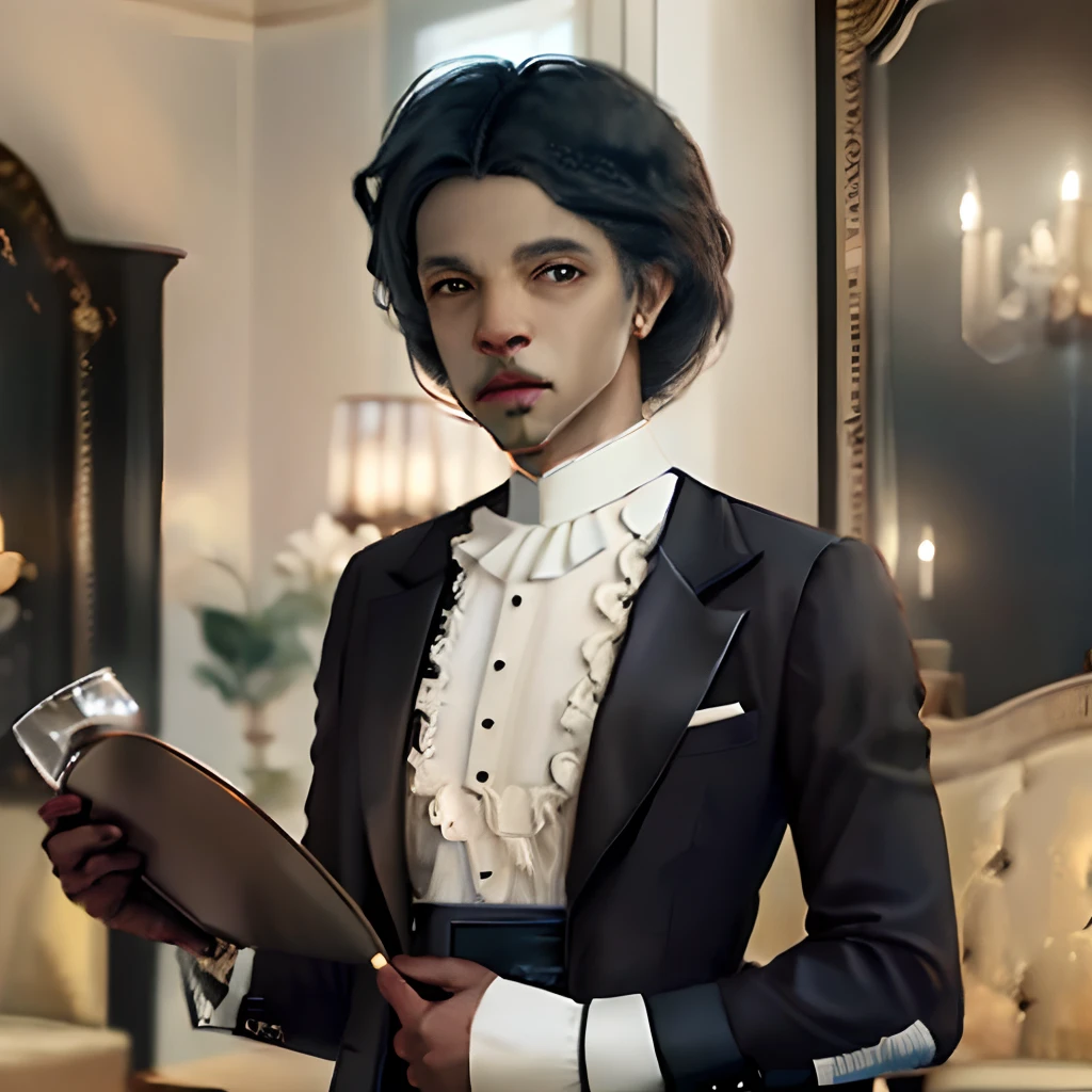 The butler with black hair divided by the center