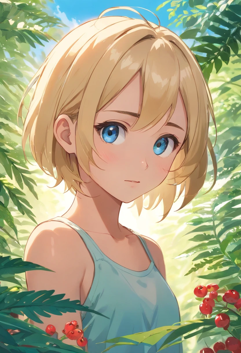 6 blonde girl , hightquality, clear focus (top-quality) (detailedskin: 1.3) (intricate detailes) (8K) (Eye Detail) (foco nítido), (scared) (Various poses) drawing((super detailed), #3b4195 background, Beautiful flowers, berries, ferns, Leaves, Watercolor pattern in calm colors), (Watercolor texture), ((1 girl), Blonde short hair, Cute,(((Brown skin))),Blue eyes,Short stature, Compact body,