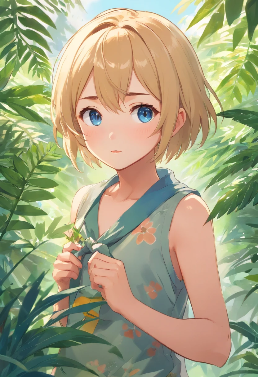 6 year old blonde girl , hightquality, clear focus (top-quality) (detailedskin: 1.3) (intricate detailes) (8K) (Eye Detail) (foco nítido), (scared) (Various poses) drawing((super detailed), #3b4195 background, Beautiful flowers, berries, ferns, Leaves, Watercolor pattern in calm colors), (Watercolor texture), ((1 girl), Blonde short hair, Cute,(((Brown skin))),Blue eyes,Short stature, Compact body,