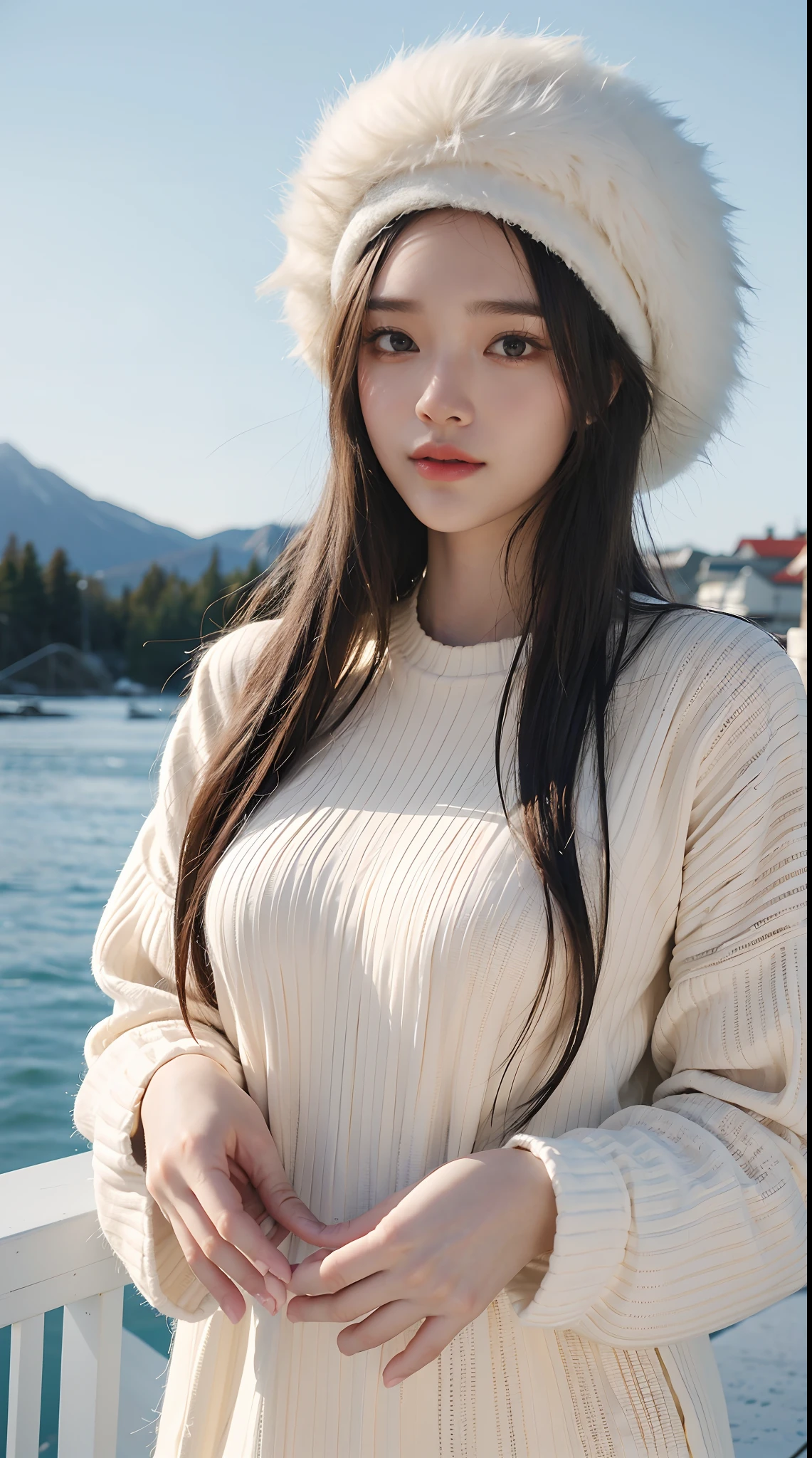 Beautiful waist, Croatian girl, 2 people, knitted winter outfit, winter pants, fur hat, cozy sweater, coat, hippie style, blue sky, Icelandic geyser, gushing hot spring, charming smile, cute. Lovely full body, blurry_bright_background, vs. Highly Detailed, 8K, Digital Painting, Popular on Pinterest, Harper's Bazaar, Concept, Art, Sharp Focus, Rainbow Sky_Background (8K, Raw Photo, Highest Quality, Masterpiece: 1.2),B3RLI