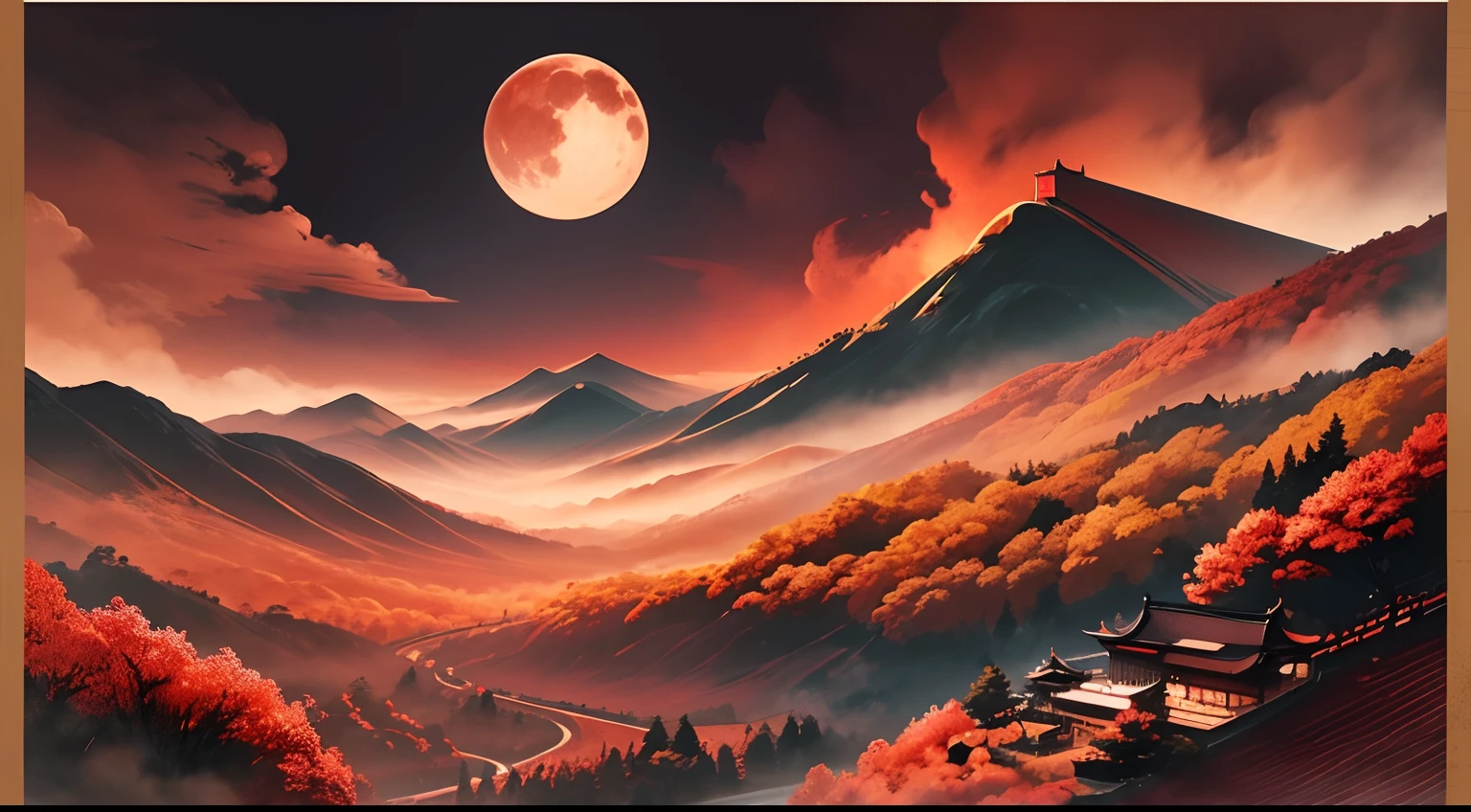 "Traditional Chinese ink landscape painting featuring vibrant red hues. beautiful Super moon, Detailed depiction of rolling hills and lush trees on textured paper. Influenced by ancient Asian and Japanese designs. High-resolution 4k drawing showcasing exquisite artistry and beauty."