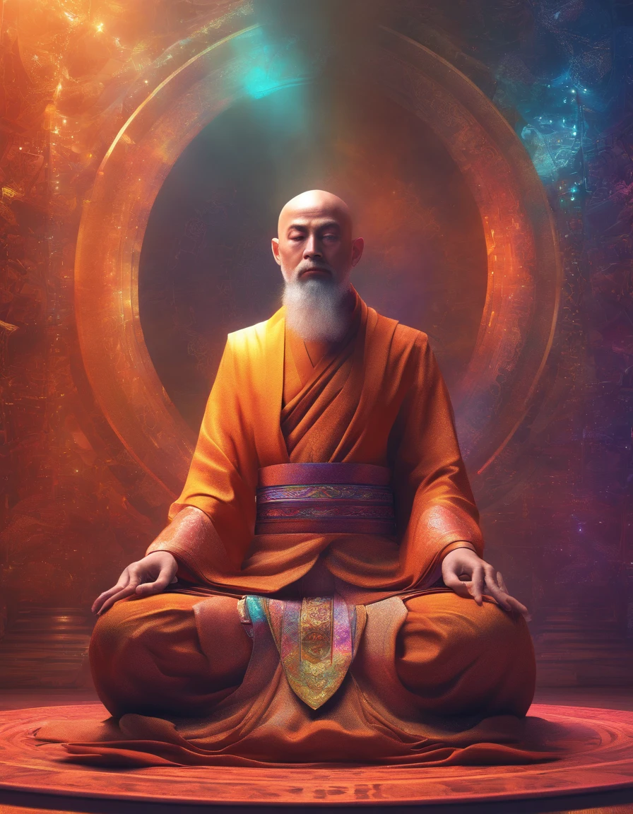 Monk meditating in front of iridescent aura background, Mandala style, ArtGerm, uhd image, gongbi, visual harmony, Mystical mechanism, queencore