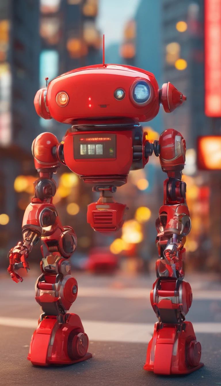 A simple Cute full Red colour robot、Charming ,The background is a street in city