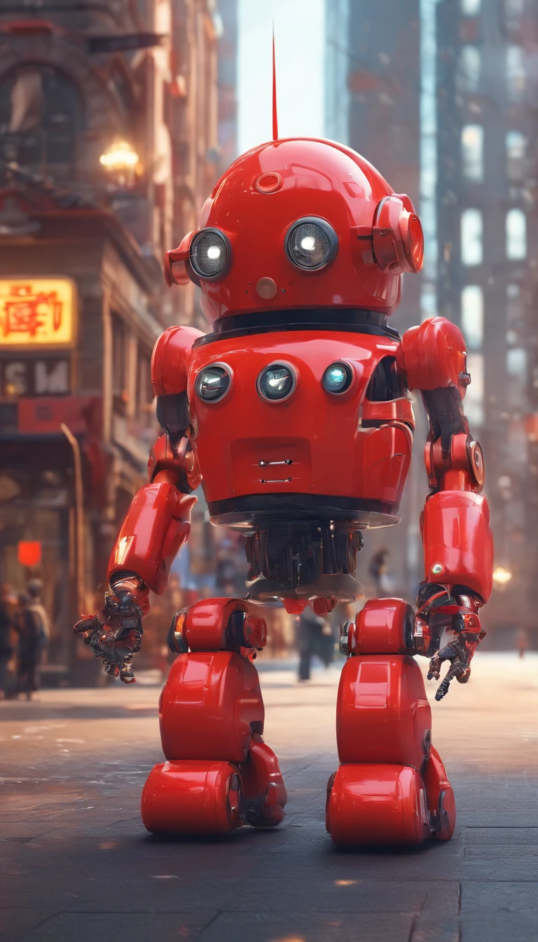 A simple Cute full Red colour robot、Charming ,The background is a street in city