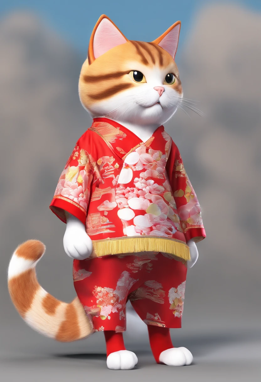 Drawing of a cat standing on two legs wearing a red and white traditional Japanese shirt