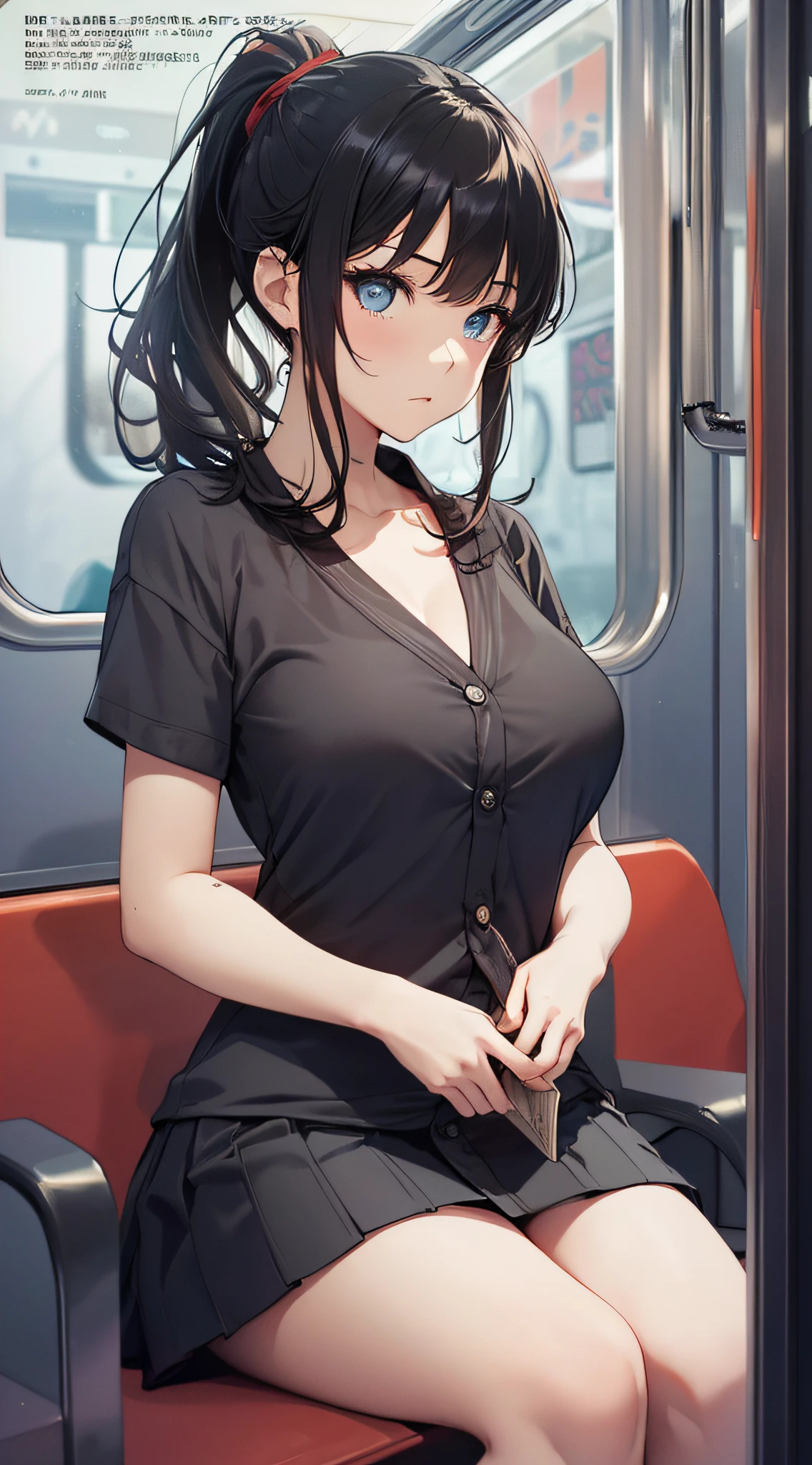 top-quality、Top image quality、masterpiece、girl with((18year old、Best Bust、Medium bust、Bust 85,Beautiful blue eyes、Breasts wide open,Black Short Sleeve T-Shirt、Red cardigan with short sleeves、Black short skirt、Ponytail with black hair、sitting in the seat、Reading model magazines、serious facial expression)hiquality、Beautiful Art、Background with((On the train)),masutepiece、Elaborate design、visualart、depth of fields、The best lighting、highestdetailed、