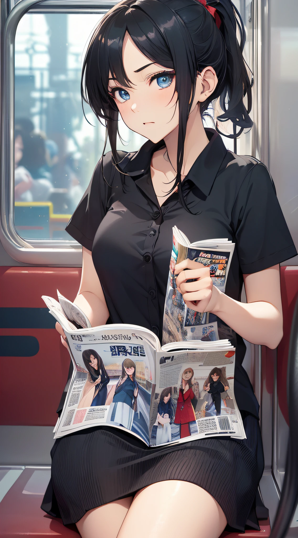 top-quality、Top image quality、masterpiece、girl with((18year old、Best Bust、Medium bust、Bust 85,Beautiful blue eyes、Breasts wide open,Black Short Sleeve T-Shirt、Red cardigan with short sleeves、Black short skirt、Ponytail with black hair、sitting in the seat、Reading model magazines、serious facial expression)hiquality、Beautiful Art、Background with((On the train)),masutepiece、Elaborate design、visualart、depth of fields、The best lighting、highestdetailed、