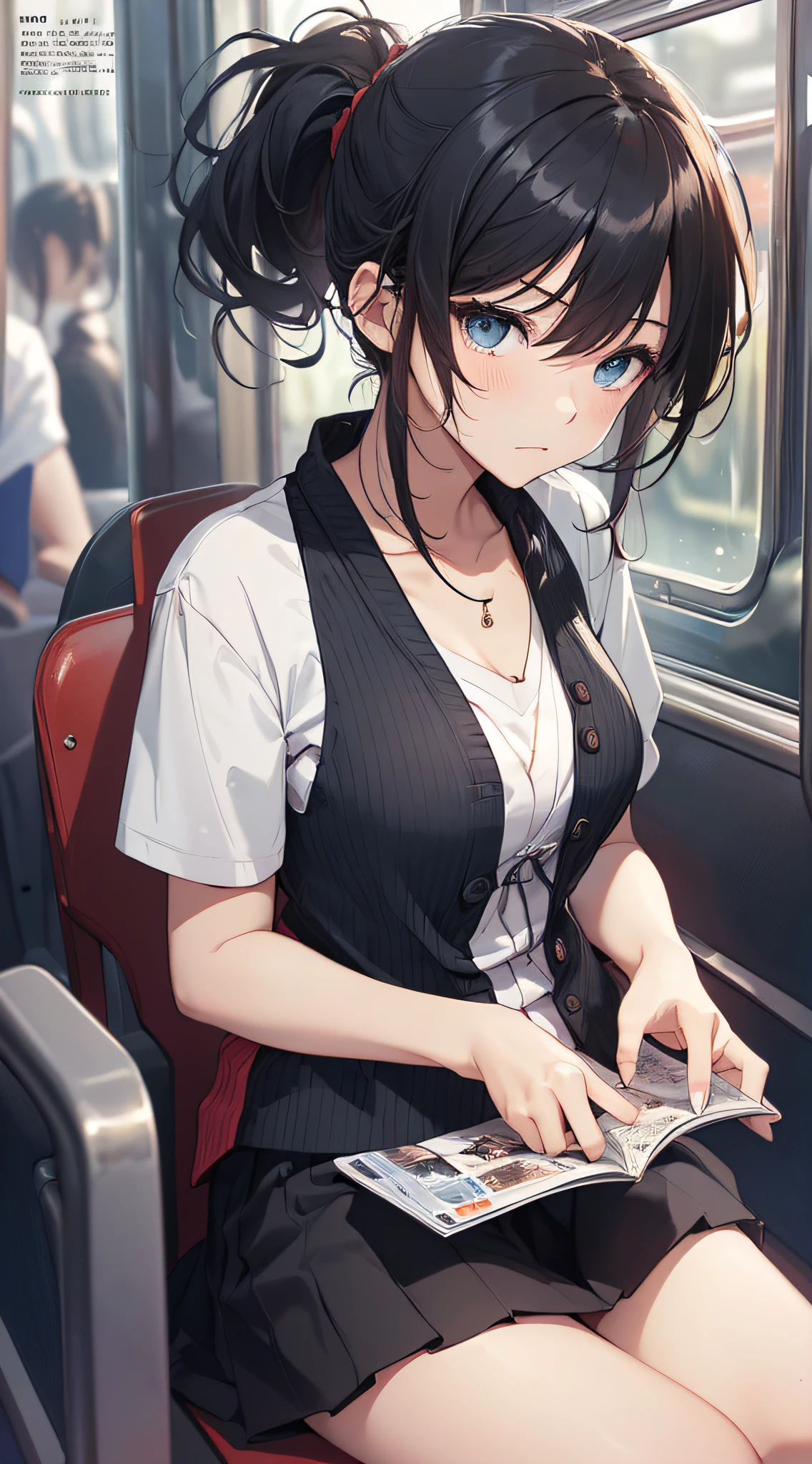 High-resolution images, captured in 8k definition, showcase the very intricate details of a solitary Japanese girl. With atmospheric perspective, the scene unfolds, displaying the highest level of accuracy and the utmost quality.
The girl, with brown hair cascading down her slender shoulders and brown eyes that seem to gleam in the light, sits alone in a train seat. Her parted lips reveal a slight smile, and the delicate outline of her chest is visible beneath her white, collared shirt, secured with a ribbon tie.
She clutches her navy blue skirt, lifting it slightly to reveal a glimpse of her undergarments, her small, thin arms crossed def