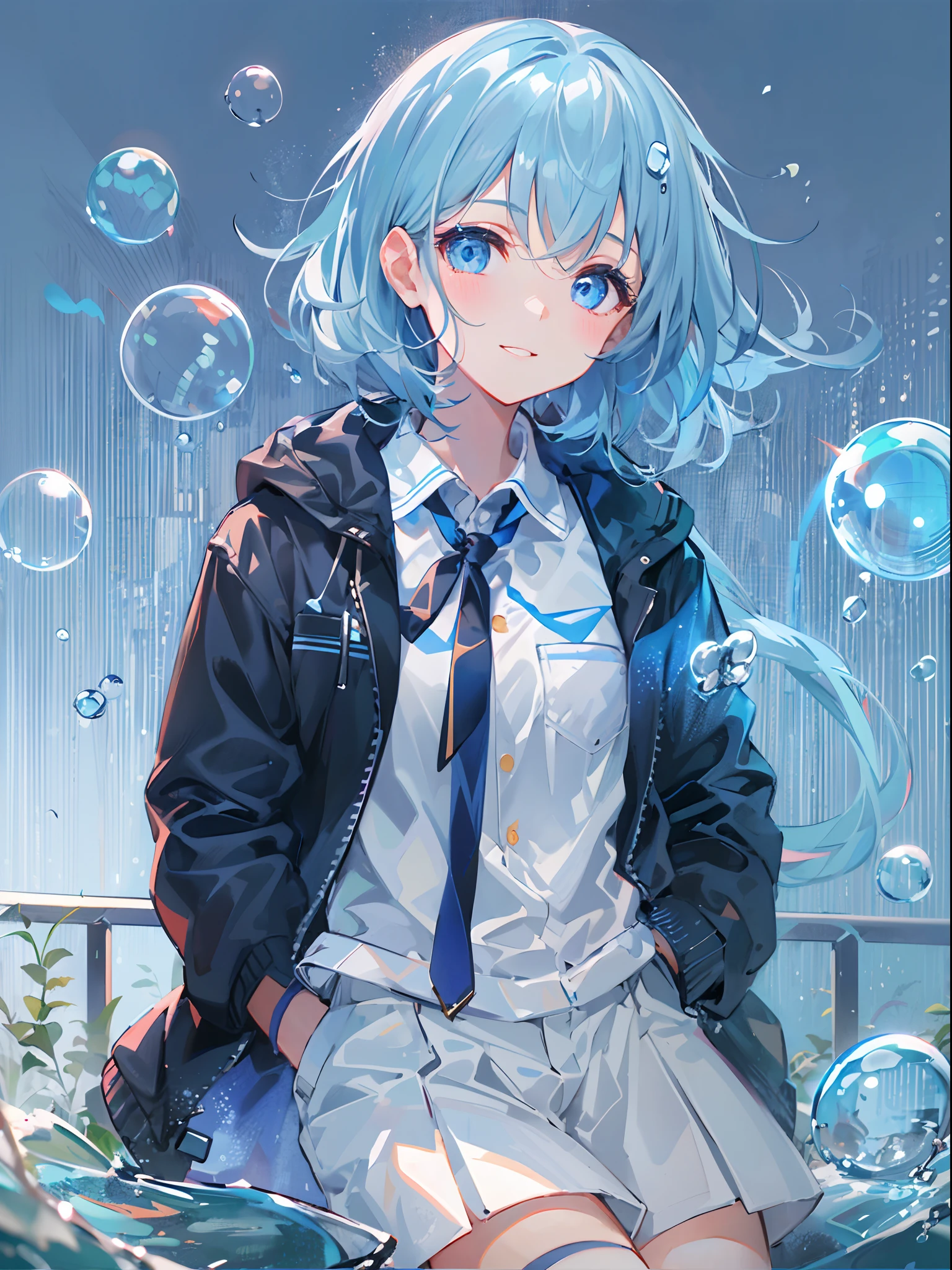 ((top-quality)), ((masterpiece)), ((ultra-detailliert)), (Extremely delicate and beautiful), girl with, 独奏, cold attitude,((Black jacket)),She is very(relax)with the(Settled down)Looks,A dark-haired, depth of fields,Evil smile,Bubble, under the water, Air bubble,bright light blue eyes,inner color with bright gray hair and light blue tips,,Cold background,Bob Hair - Linear Art, shortpants、knee high socks、White uniform like school uniform、Light blue ribbon ties、Clothes are sheer、Hands in pockets、Bright eyes like sapphire,Fron Lesse Blue, A small blue light was floating、Upper Eyes、foodie