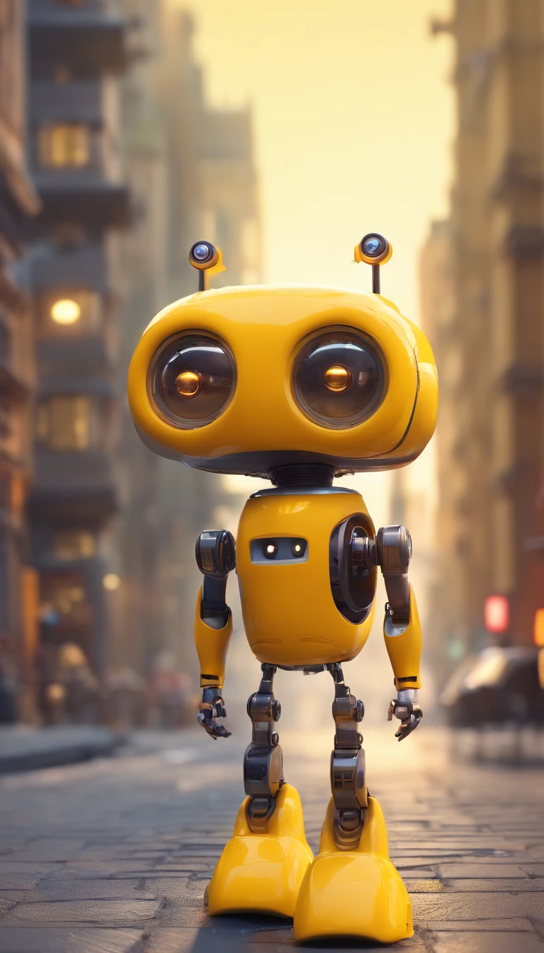 A simple Cute full Yellow colour robot、Charming ,The background is a street in city