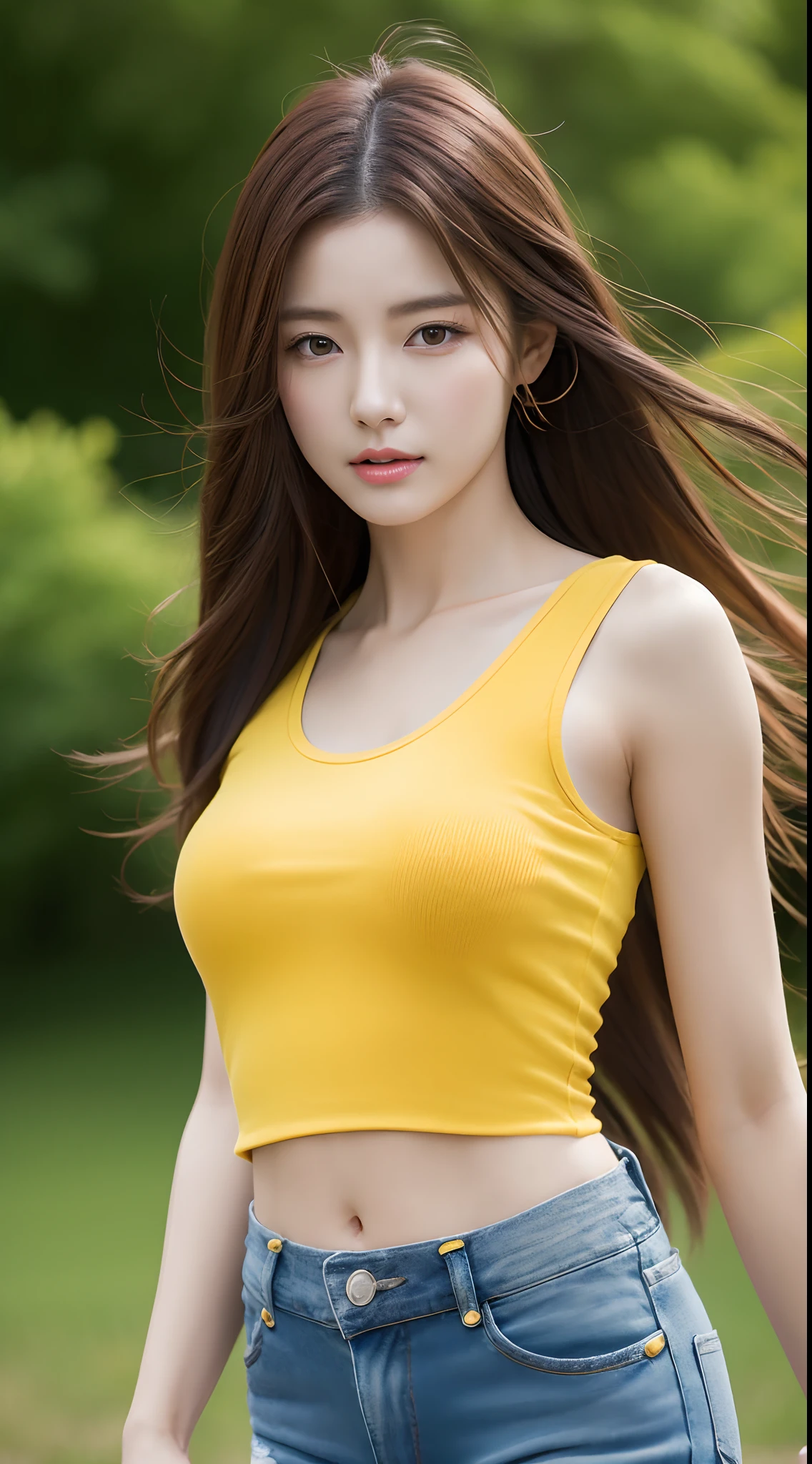 Realistic photos of (1 cute Korean star) expressive hair, thin makeup, 32 inch breasts size,wearing yellow tank top, jeans pants, walking in countryside, close-up portrait, UHD