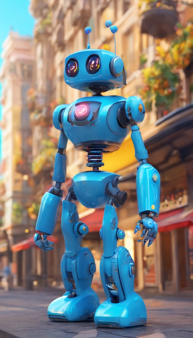 A simple Cute full Blue colour robot、Charming ,The background is a street in city