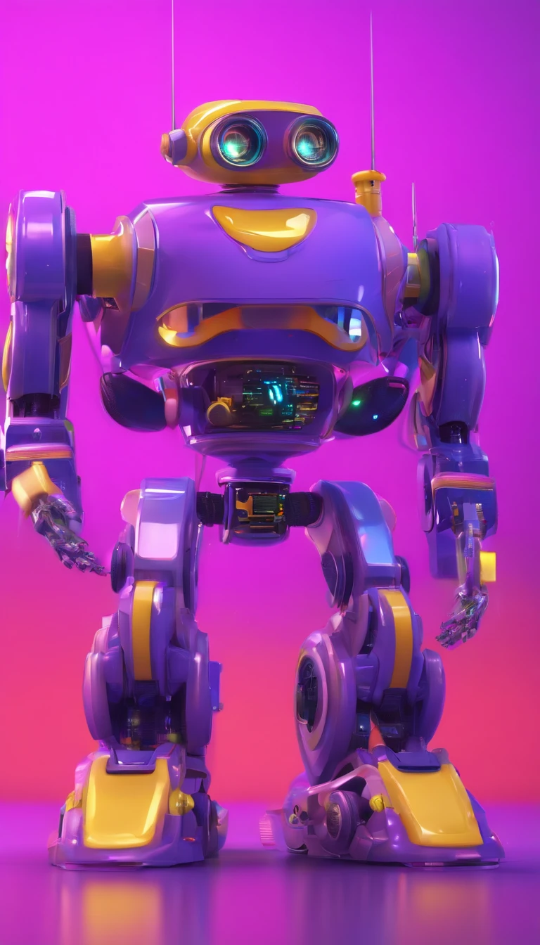 A simple Cute full purple colour robot、Charming ,The background is a street in city