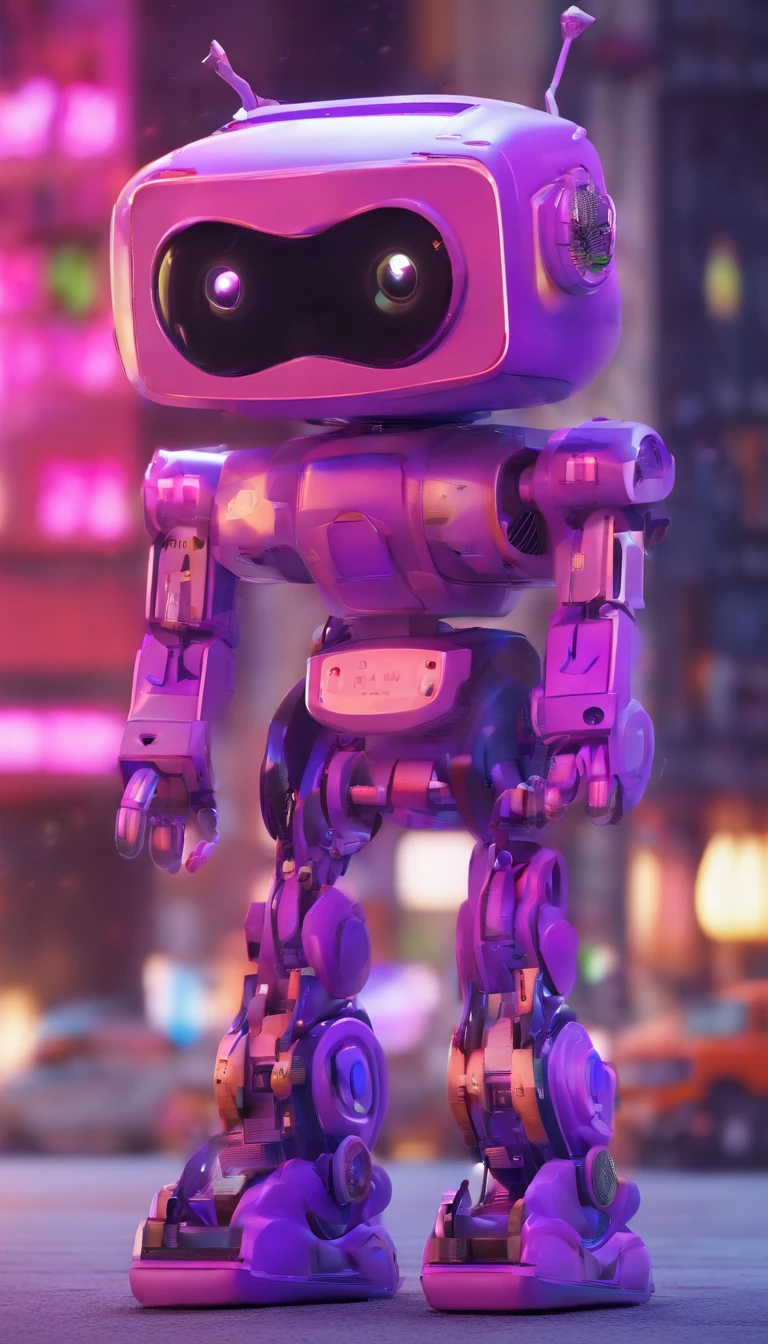 A simple Cute full purple colour robot、Charming ,The background is a street in city