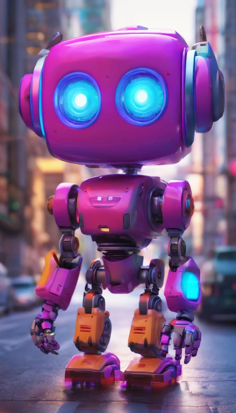 A simple Cute full purple colour robot、Charming ,The background is a street in city