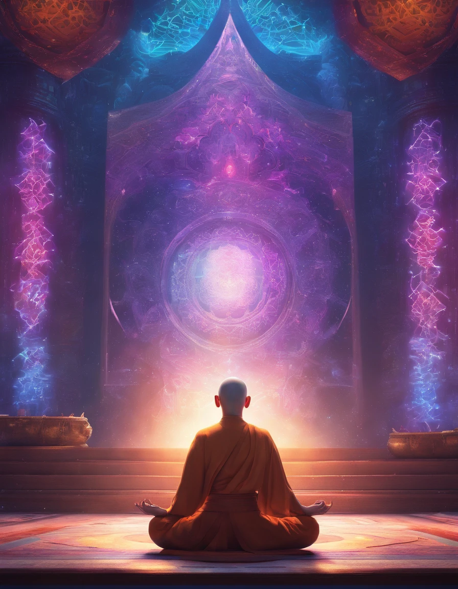 Rear view of monk meditating on iridescent aura background, Mandala style, ArtGerm, uhd image, gongbi, visual harmony, Mystical mechanism, queencore