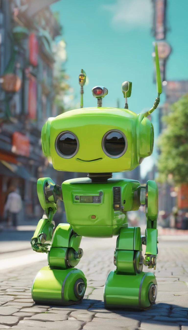 A simple Cute full green colour robot、Charming ,The background is a street in city