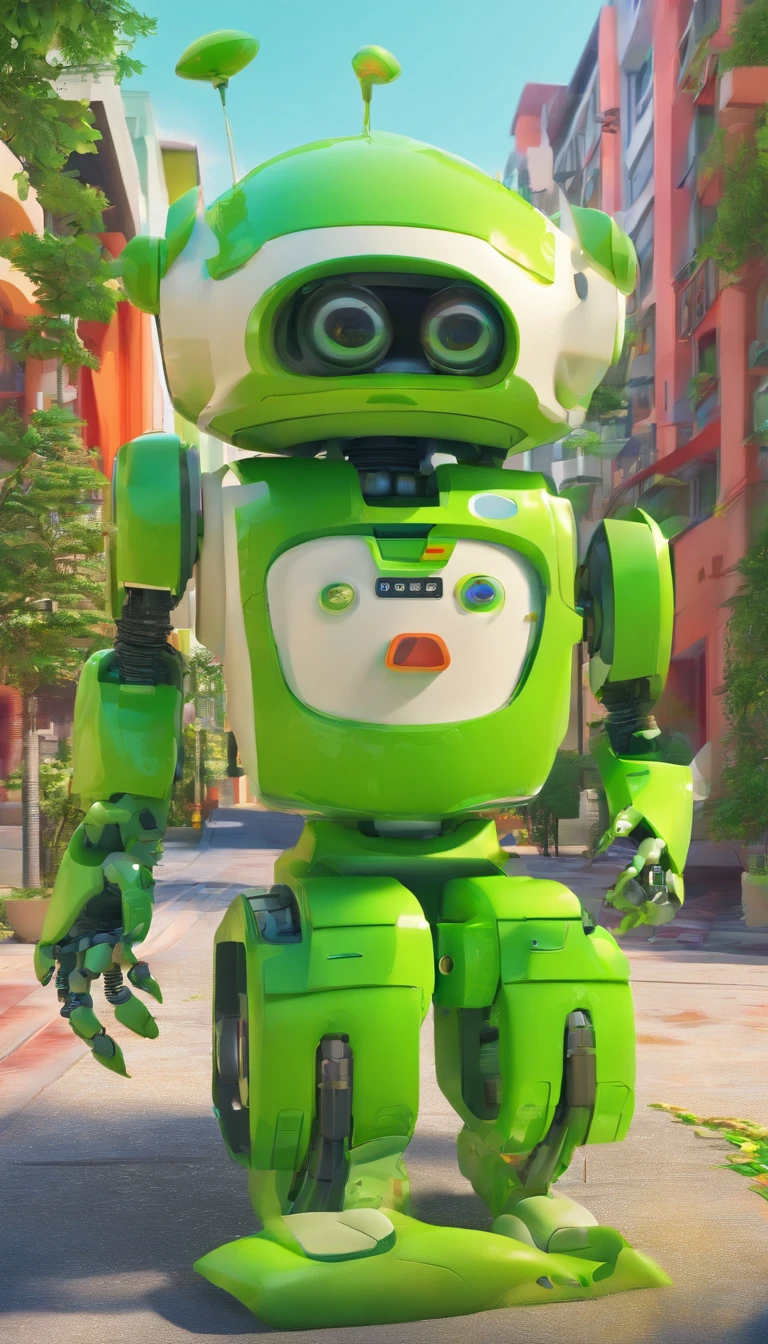 A simple Cute full green colour robot、Charming ,The background is a street in city