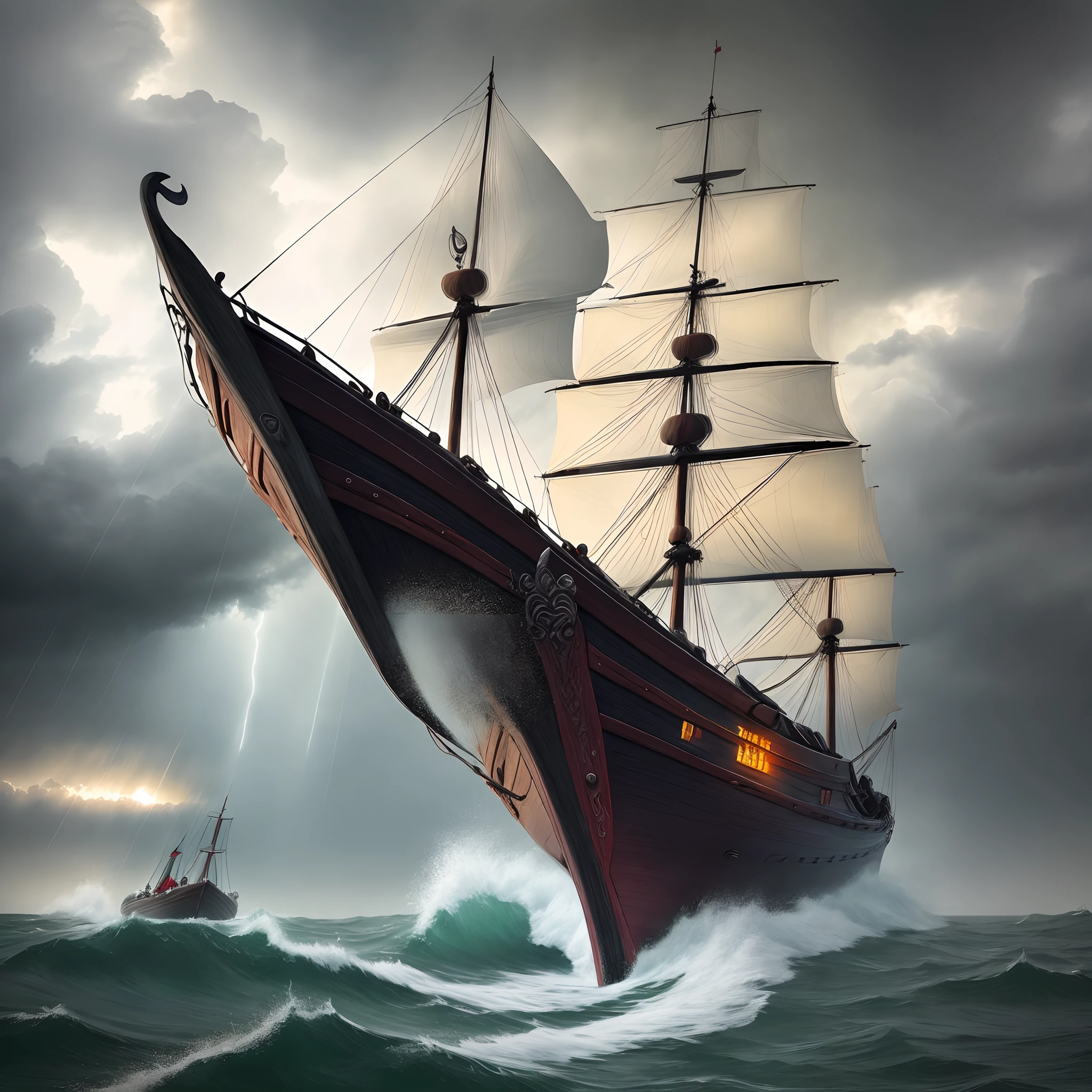 Viking ship. Rainstorm. Vikings falling overboard.