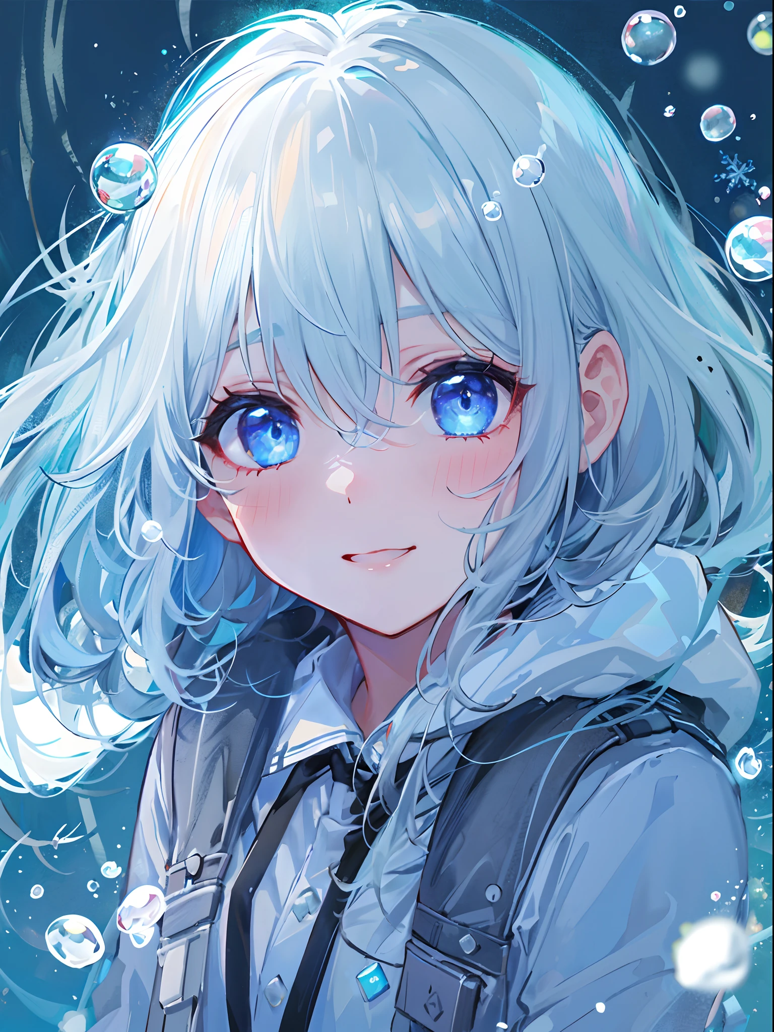 ((top-quality)), ((masterpiece)), ((ultra-detailliert)), (Extremely delicate and beautiful), girl with, 独奏, cold attitude,((Black jacket)),She is very(relax)with the(Settled down)Looks,A dark-haired, depth of fields,Evil smile,Bubble, under the water, Air bubble,bright light blue eyes,inner color with bright gray hair and light blue tips,,,,,,,Cold background,Bob Hair - Linear Art, shortpants、knee high socks、White uniform like school uniform、Light blue ribbon ties、Clothes are sheer、Hands in pockets、Bright eyes like sapphire,Fronllesse Blue, A small blue light was floating、Upper Eyes、glass shards、Snowflake Hair Ornament