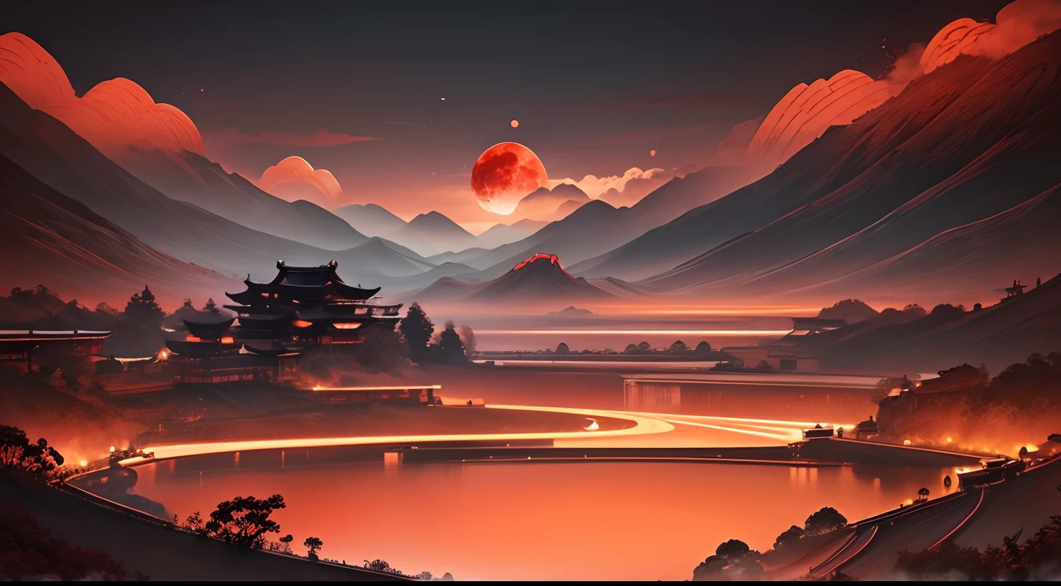 "Traditional Chinese ink landscape painting featuring vibrant red hues. beautiful Super moon, Amazing Detailed. Influenced by ancient Asian and Japanese designs. High-resolution 4k drawing showcasing exquisite artistry and beauty."