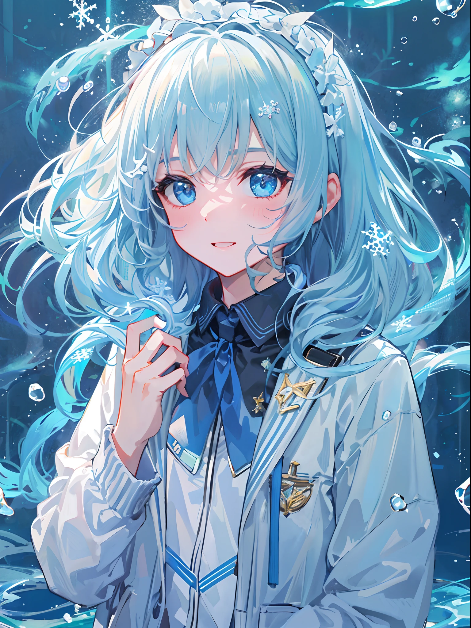 ((top-quality)), ((masterpiece)), ((ultra-detailliert)), (Extremely delicate and beautiful), girl with, 独奏, cold attitude,((Black jacket)),She is very(relax)with the(Settled down)Looks,A dark-haired, depth of fields,Evil smile,Bubble, under the water, Air bubble,bright light blue eyes,inner color with bright gray hair and light blue tips,,,,,,,Cold background,Bob Hair - Linear Art, shortpants、knee high socks、White uniform like school uniform、Light blue ribbon ties、Clothes are sheer、Hands in pockets、Bright eyes like sapphire,Fronllesse Blue, A small blue light was floating、Upper Eyes、glass shards、Snowflake Hair Ornament