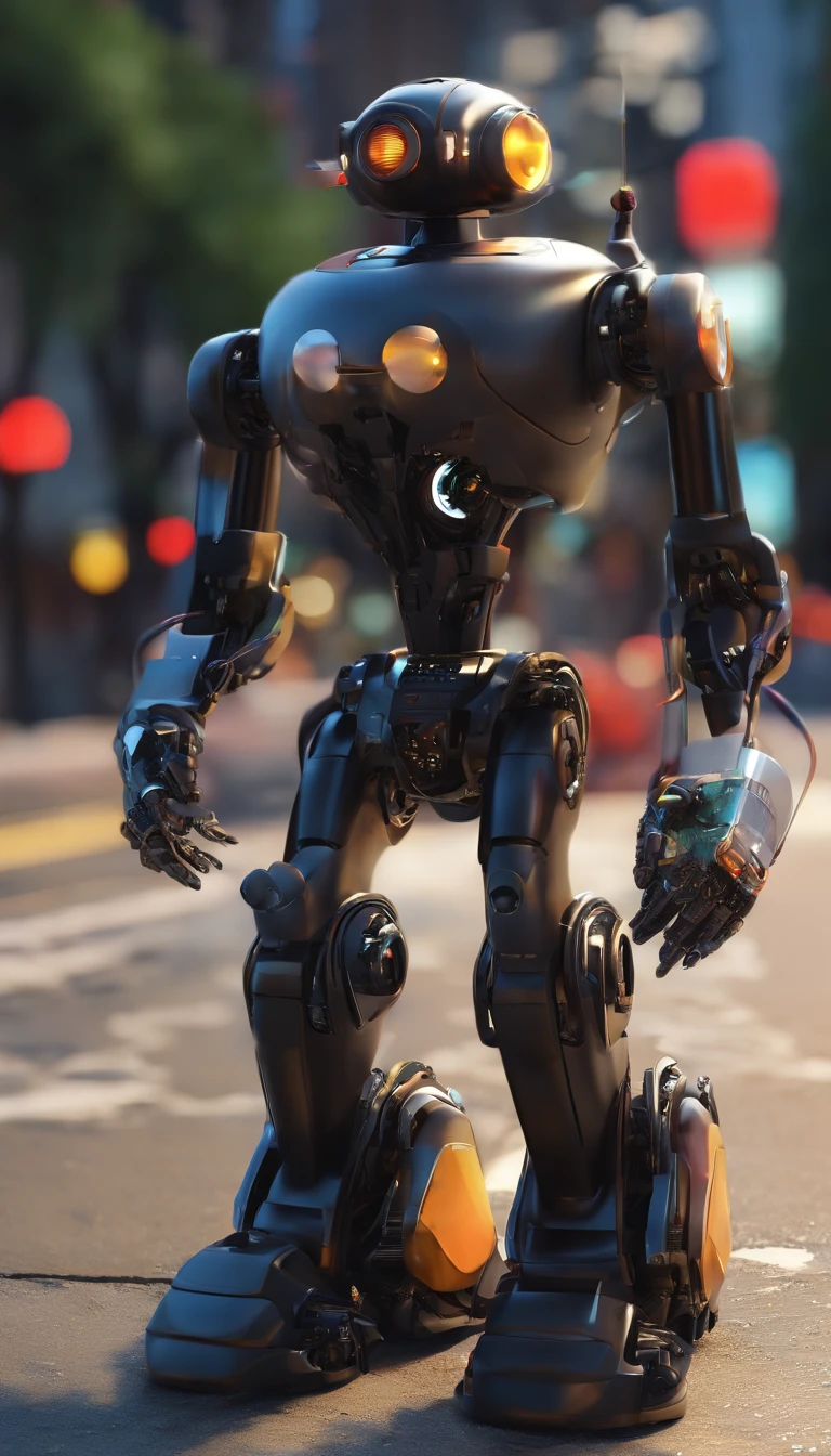 A simple Cute full Black colour robot、Charming ,The background is a street in city