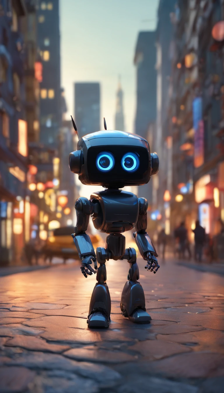 A simple Cute full Black colour robot、Charming ,The background is a street in city