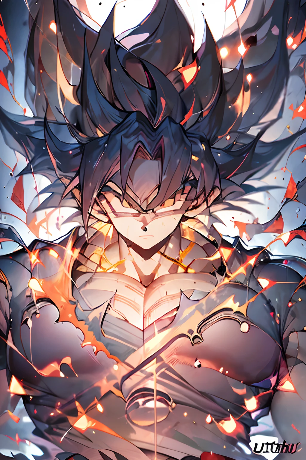 ' Design a powerful and badass wallpaper featuring (("Goku")) in his Ultra Instinct form. Goku should be depicted in a dynamic and commanding pose, radiating a powerful aura. The image should capture the essence of his strength and the intensity of his Ultra Instinct transformation. Ensure the wallpaper captivates the viewer with its visual impact.