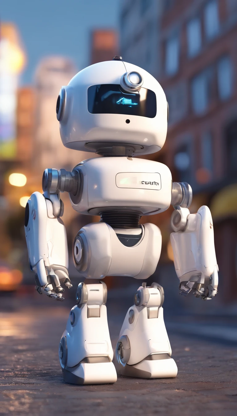 A simple Cute full white colour robot、Charming ,The background is a street in city