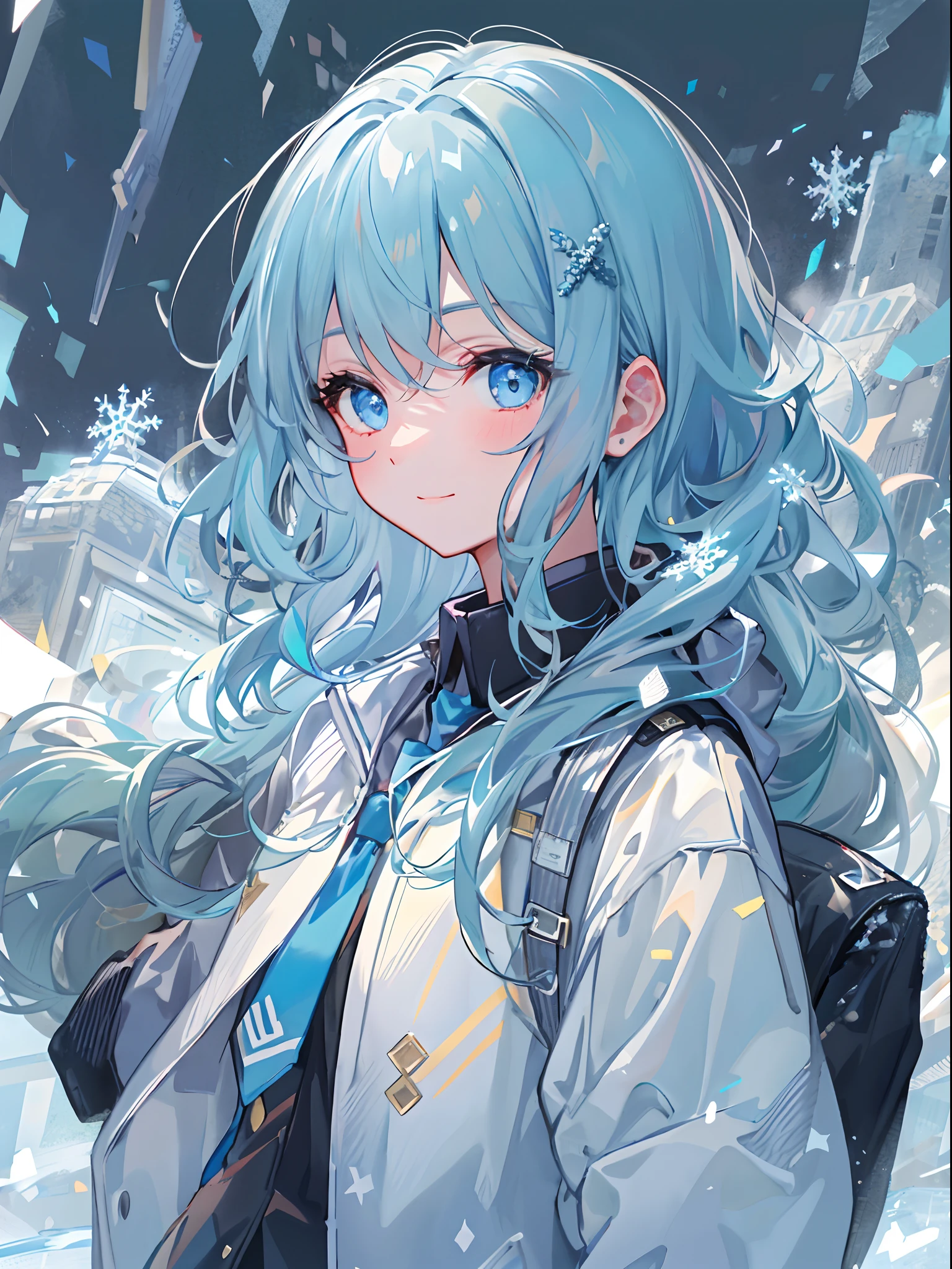 ((top-quality)), ((masterpiece)), ((ultra-detailliert)), (Extremely delicate and beautiful), girl with, 独奏, cold attitude,((Black jacket)),She is very(relax)with the(Settled down)Looks,A dark-haired, depth of fields,Evil smile,Bubble, under the water, Air bubble,bright light blue eyes,inner color with bright gray hair and light blue tips,,,,,,,Cold background,Bob Hair - Linear Art, shortpants、knee high socks、White uniform like school uniform、Light blue ribbon ties、Clothes are sheer、Hands in pockets、Bright eyes like sapphire,Fronllesse Blue, A small blue light was floating、Upper Eyes、glass shards、Snowflake Hair Ornament