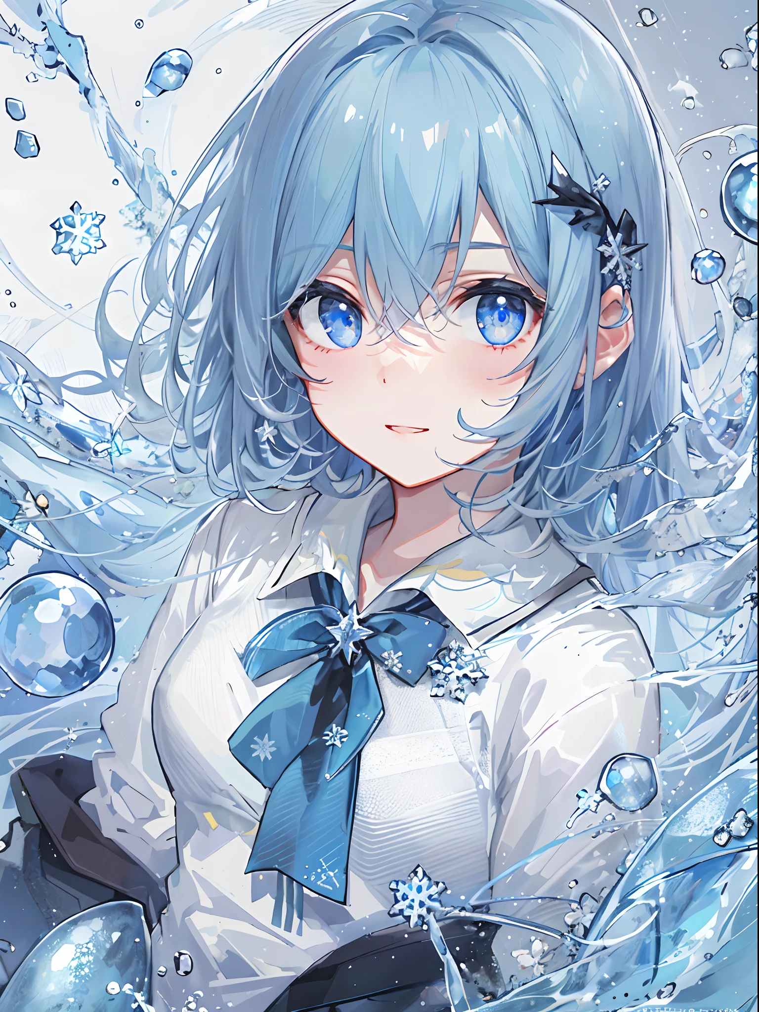 ((top-quality)), ((​masterpiece)), ((ultra-detailliert)), (Extremely delicate and beautiful), girl with, 独奏, cold attitude,((Black jacket)),She is very(relax)with  the(Settled down)Looks,A dark-haired, depth of fields,Evil smile,Bubble, under the water, Air bubble,bright light blue eyes,inner color with bright gray hair and light blue tips,,,,,,,Cold background,Bob Hair - Linear Art, shortpants、knee high socks、White uniform like school uniform、Light blue ribbon ties、Clothes are sheer、Hands in pockets、Bright eyes like sapphire,Fronllesse Blue, A small blue light was floating、Upper Eyes、glass shards、Snowflake eyes、fantastic eyes