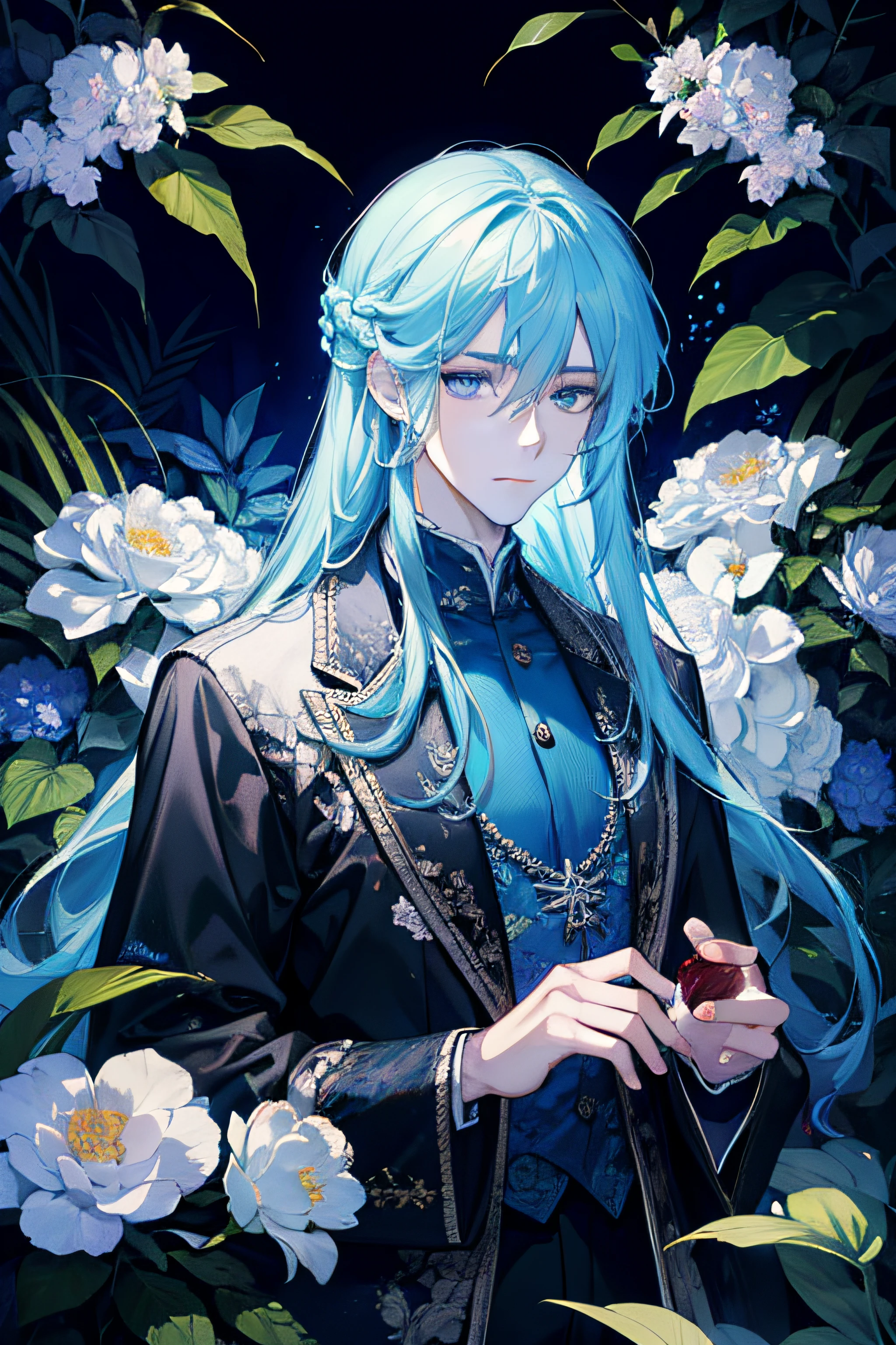 (absurderes,A high resolution,ultra - detailed), 1 man, AS-Adult, handsome, Tall muscular man, a broad shouldered, finely quality eyes, Very long hair, Light blue hair, wavey hair, blossoms, diamond, jewely, trpical garden, ln the forest, sportrait, (Dutch angle), Keep one's mouth shut