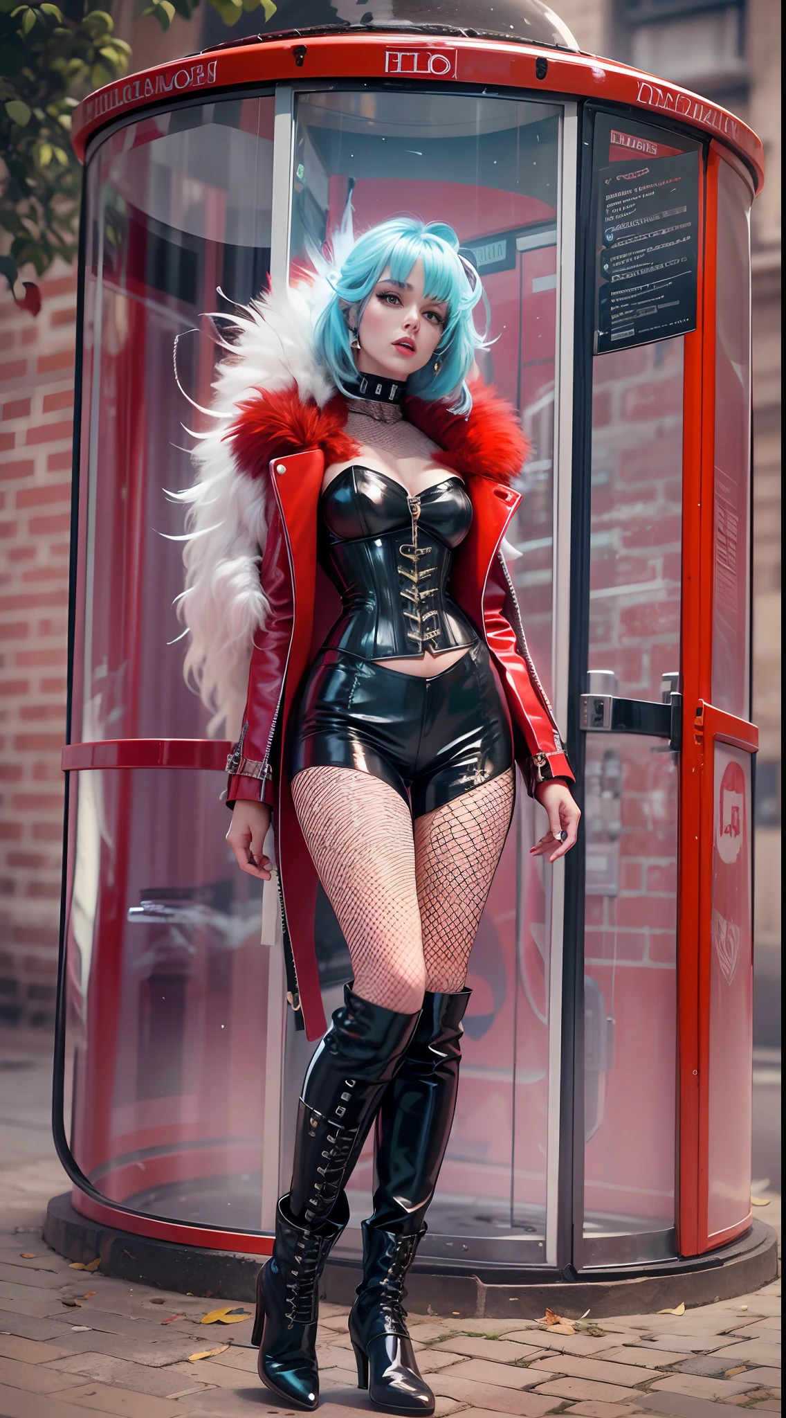then, Perform her songs, She emerged from the traditional red phone booth wearing a studded PVC corset,There are feathers on the shoulders, kneehigh boots,(Fishnet leggings).