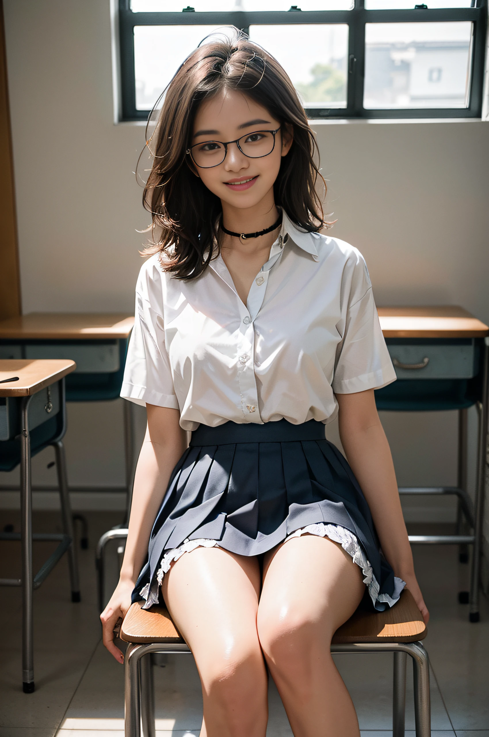Top image quality、超A high resolution、masutepiece、Photoquality(photographrealistic:1.8)、Delicate skin texture、accuracy、Japan women、、Girl Smile、A dark-haired、Cute dimples、Non-makeup、Hair to the nape、straight haired、Boyish girl、Black-rimmed glasses、I am an honors student、Slender girl、Smaller chest、Flat-breasted、laugh face、Have a good laugh、Look straight at me、hi-school girl、White short sleeve blouse、White shirt with collar、Unbutton the front of the shirt、Dark blue box pleated skirt、Raising the hem of the skirt herself to show her panties、Exposed shirt hem、 By the window of the classroom、Outside the window is a playground、Put your feet on a chair、laugh face、Have a good laugh、Facing the front、reflective light、