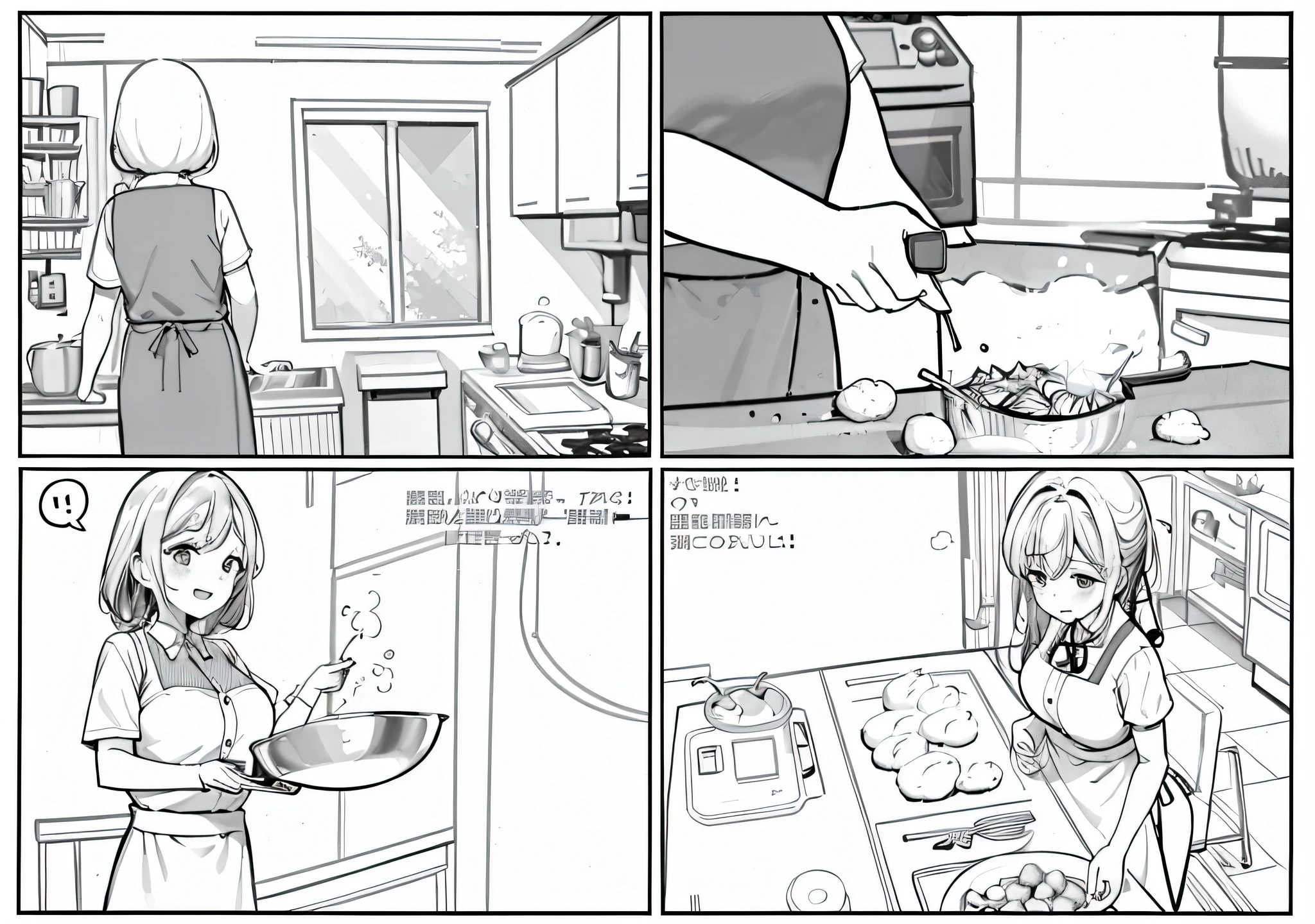 Four-panel comics，Pictures are comics with stories。The first image is a sketch of a woman preparing food in the kitchen,The second image shows a woman chopping vegetables in the kitchen，The third scene is a scene of a woman cooking in the kitchen，The fourth scene is the scene where the meal is finished。 full page illustration,  Cooking, book illustrations, page scan from book, full page illustration, line art illustration, Picture order, Detailed illustrations, illustration line art style, baking artwork, inspired by Cui Zizhong