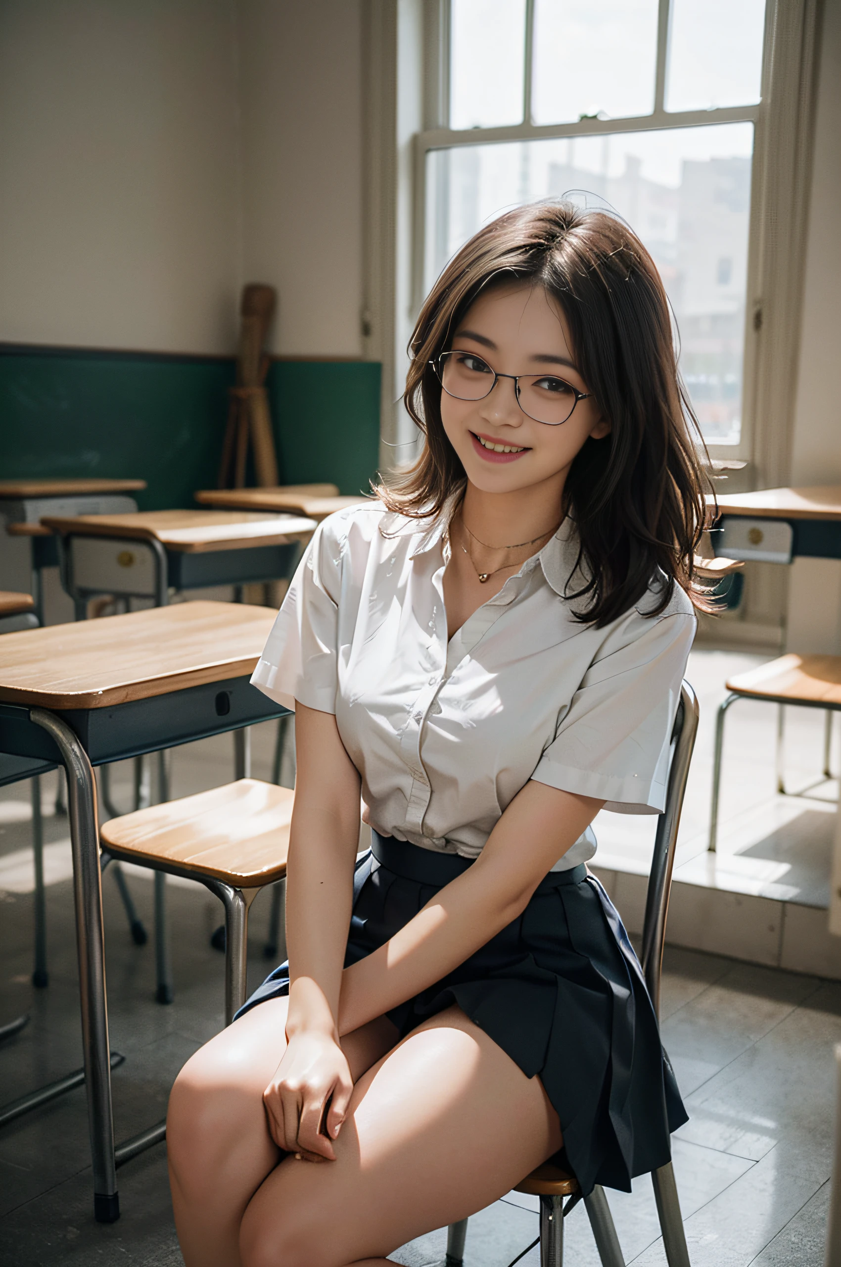 ulzang-6500-v1.1,(OriginalPhoto:1.2), (Photorealistic:1.4), beautiful detailed girl, beautifuleyes,big eyes,Low-cut T-shirt,Tight T-shirt,blackstockings,busty lady, bigger breasts,A short skirt,Pleated skirt,wears glasses,Long hair,Plump body,Cutes,is inside a school room,Many people,crowd people,full breast,bigger breasts,Smile with,shylily,Sits,White-colored skin
