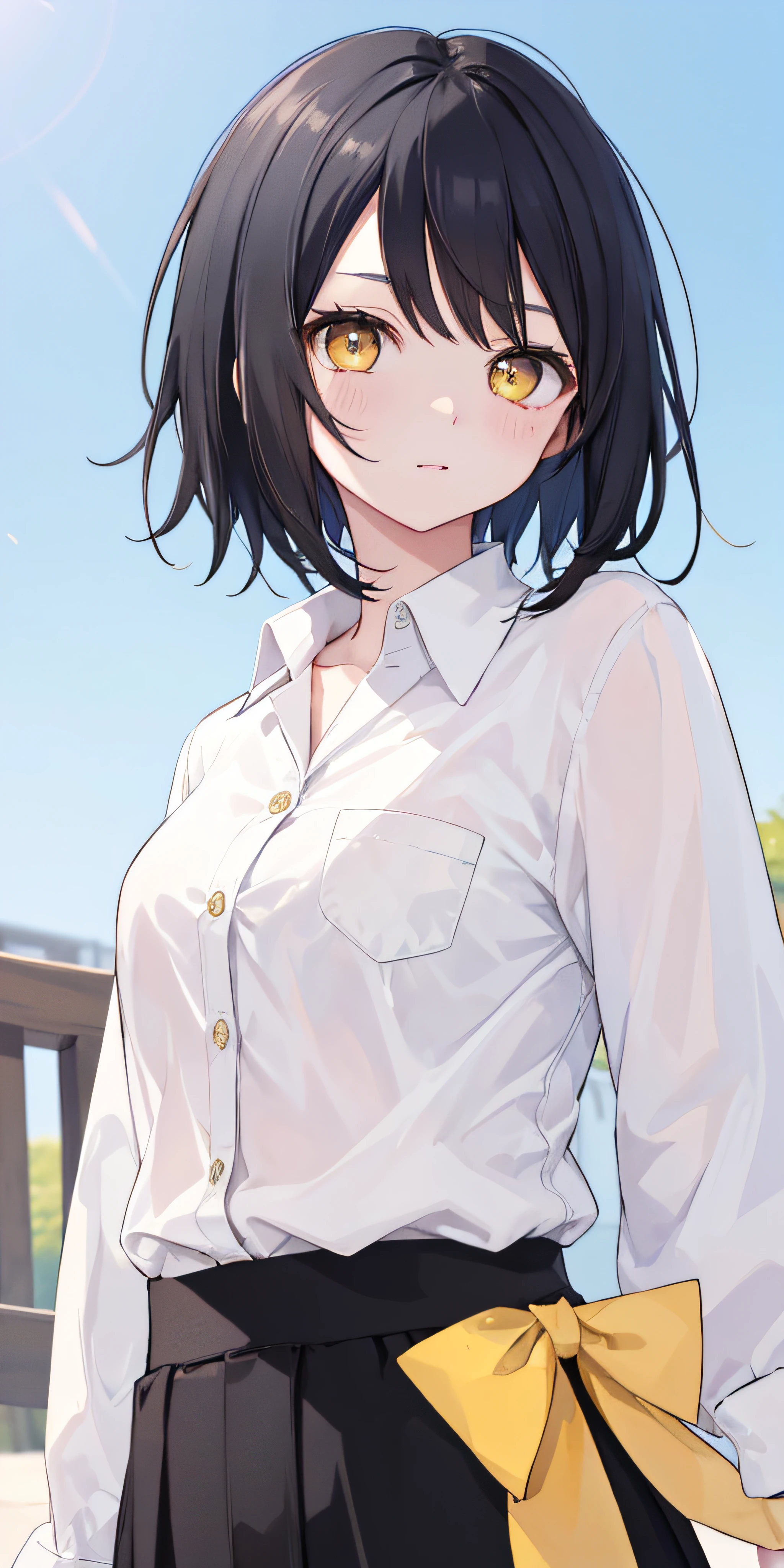 kujousara, black hair, yellow eyes, upper body, cute face, super detail eyes, white button-up shirt, outdoor, blue sky, best quality,