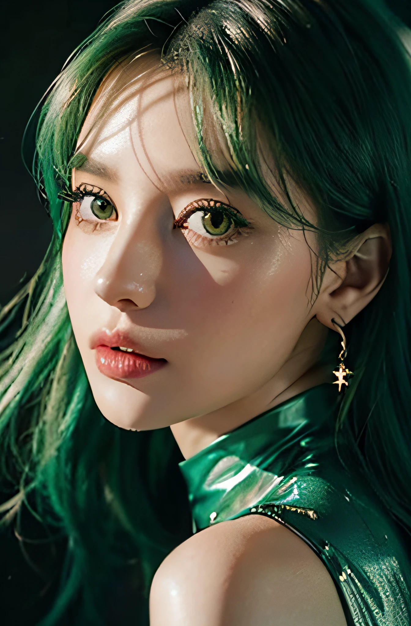 Ultra-detailed beauty, 25 years old women, stunningly beautiful, Green hair, Green dress, Green eyes, Her whole head is visible with hair, Green Jewel Necklace, earrings, Green eyeshadow and eyeliner visible on the eyelids, very long eyelashes, stunningly beautiful face, Focus on Face, Holographic, light Particle, hyper detailed illustration, hit definition, Very bold and vibrant colors, 32K resolution, Best Quality, Volumetric lighting, 「best qualtiy」, 「masterpiece」", Half of her body is visible, You can see the top of her dress, A hyper-realistic, High quality detailing, Wearing a very tight latex suit, Green Latex Suit, Beautiful face, Symmetrical facial