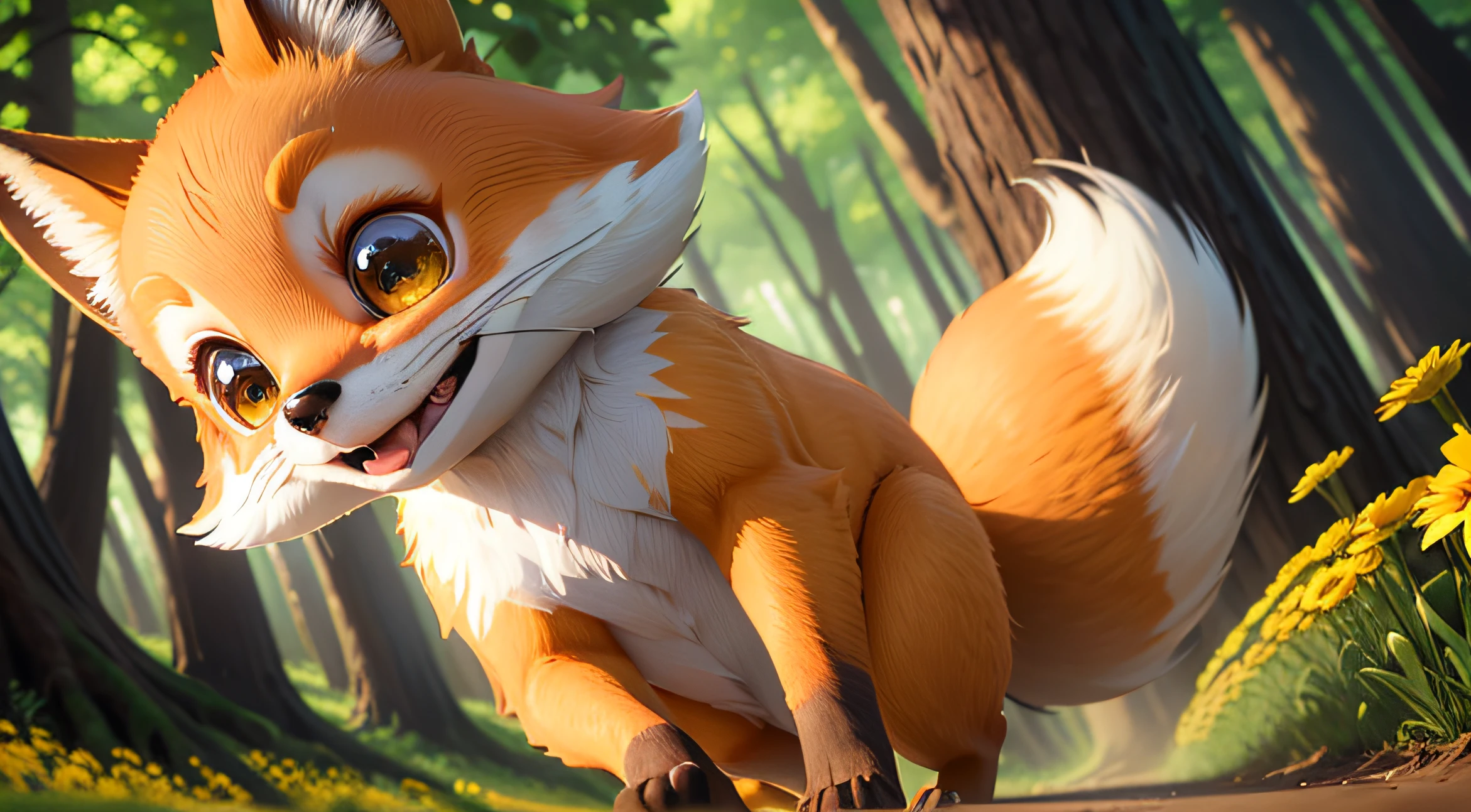 front view of a adorable running fox on Forest, Close-up, Pixar Movie Style, best quality, Cinematic Movie Still, very cute, big eyes, bright eyes, yellow flowers around, opening your mouth, pretty eyes, very cute