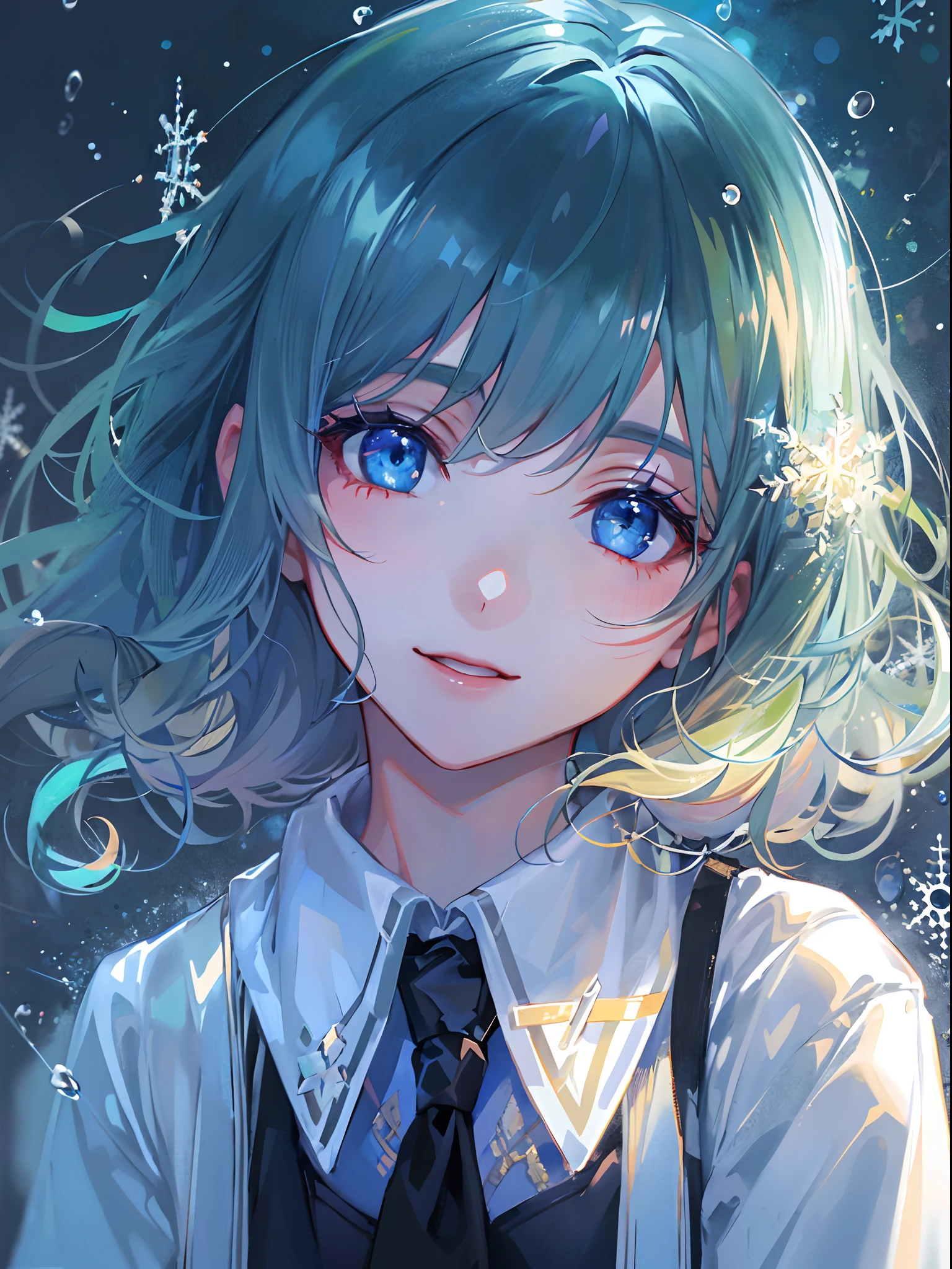 ((top-quality)), ((masterpiece)), ((ultra-detailliert)), (Extremely delicate and beautiful), girl with, 独奏, cold attitude,((Black jacket)),She is very(relax)with the(Settled down)Looks,A dark-haired, depth of fields,Evil smile,Bubble, under the water, Air bubble,bright light blue eyes,inner color with bright gray hair and light blue tips,,,,,,,Cold background,Bob Hair - Linear Art, shortpants、knee high socks、White uniform like school uniform、Light blue ribbon ties、Clothes are sheer、Hands in pockets、Bright eyes like sapphire,Fronllesse Blue, A small blue light was floating、Upper Eyes、glass shards、Snowflake eyes、fantastic eyes