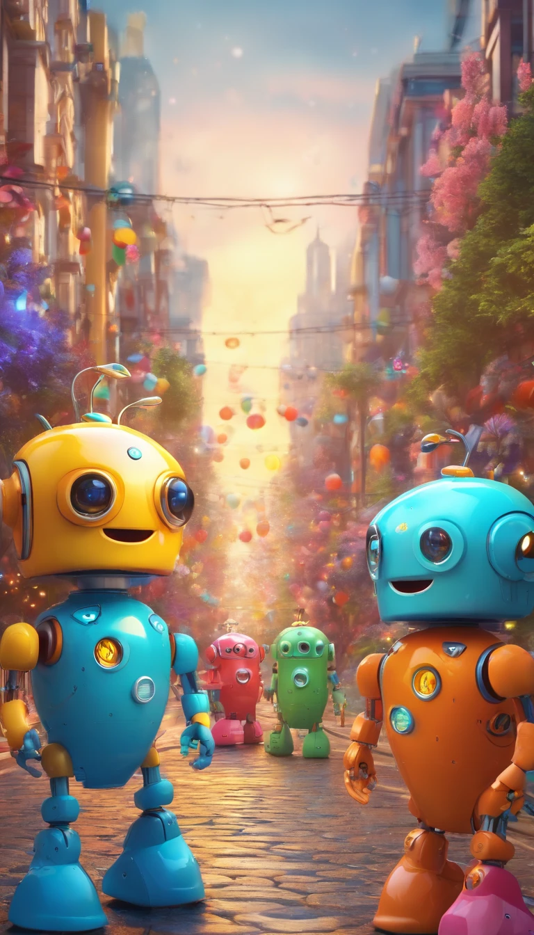 A Full crowd of cute robot of all the colours robots、Charming ,The background is a street in city