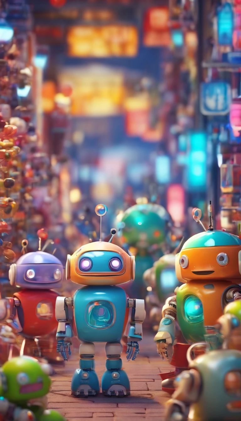 A Full crowd of cute robot of all the colours robots、Charming ,The background is a street in city