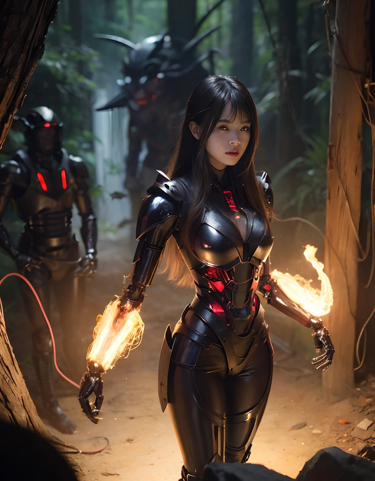 (1 Mechanical Girl)、top-quality、masterpiece、超A high resolution、(Photorealsitic:1.4)、Raw photo、1人、Fight mutants、glowy skin、(((1 Mechanical Girl)))、With a beautiful knife、(Yellow Metal Bodysuit)、(Kobold、ogre、Fierce battle with orcs),(Fight fiercely against aliens)、Fight fiercely、(beautiful forest background)、(Fighting Demonic Beasts)、(Small LED)、((super realistic details))、portlate、(Strong giant demon beast background),globalillumination、Shadow、octan render、8K、ultrasharp、Colossal tits、Raw skin is exposed in cleavage、metals、Details of complex ornaments、Japan details、highly intricate detail、Realistic light、(Mystical expression),CGSoation Trends、Red Eyes、radiant eyes、Facing the camera、neon details、(Mechanical limbs)、(blood vessels connected to tubes)、Mechanical vertebrae attached to the back、mechanical cervical attaching to neck、(Wires and cables connecting to the head)、Gundam、Small LED、,Mechanical thighs、Toostock、(Hands are also made of machines)、(Attack of the Monster Beasts)、(Wounded in a deadly battle)、