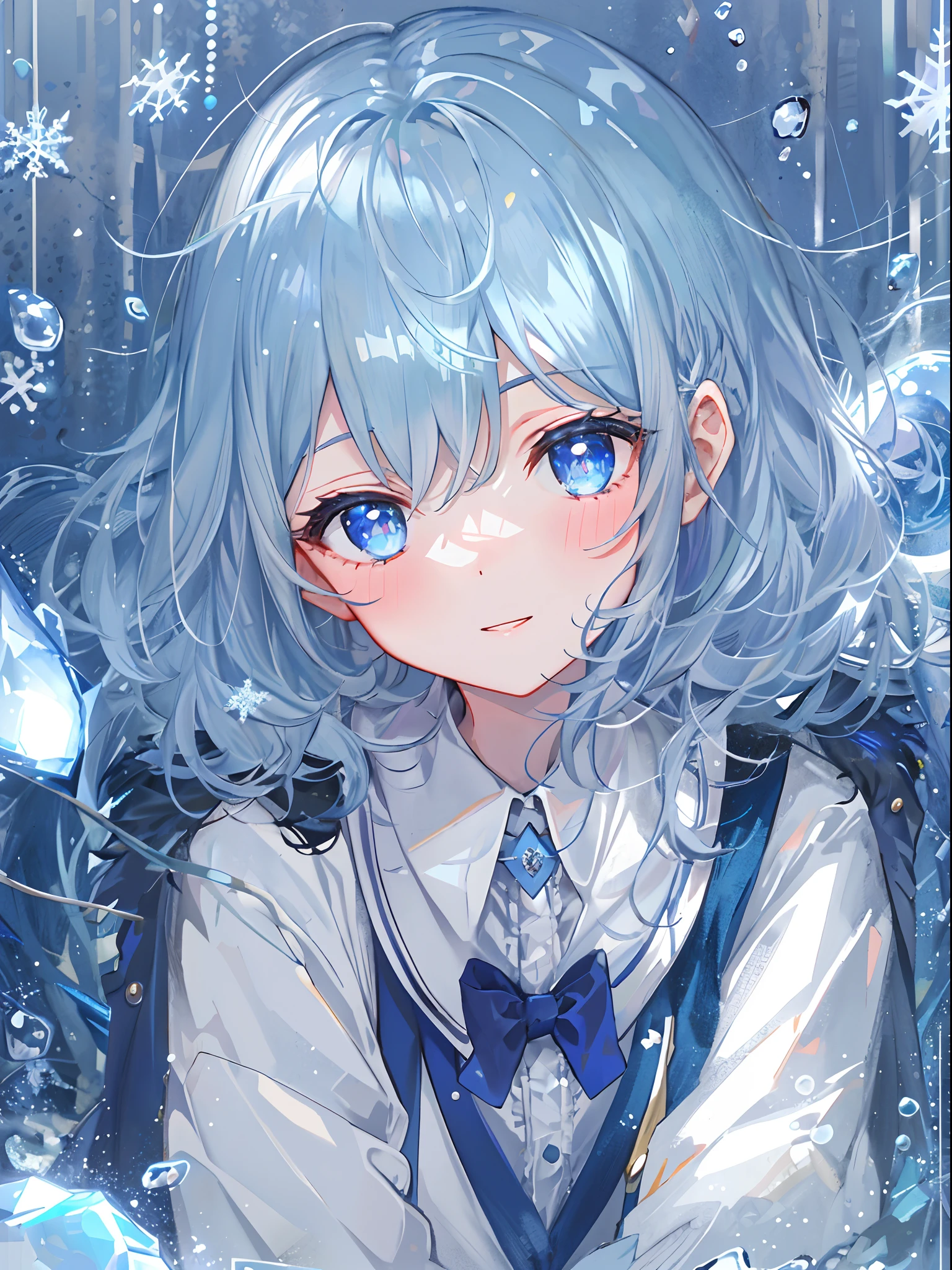 ((top-quality)), ((masterpiece)), ((ultra-detailliert)), (Extremely delicate and beautiful), girl with, 独奏, cold attitude,((Black jacket)),She is very(relax)with the(Settled down)Looks,A dark-haired, depth of fields,Evil smile,Bubble, under the water, Air bubble,bright light blue eyes,inner color with bright gray hair and light blue tips,,,,,,,Cold background,Bob Hair - Linear Art, shortpants、knee high socks、White uniform like school uniform、Light blue ribbon ties、Clothes are sheer、Hands in pockets、Bright eyes like sapphire,Fronllesse Blue, A small blue light was floating、Upper Eyes、glass shards、Snowflake Hair Ornament
