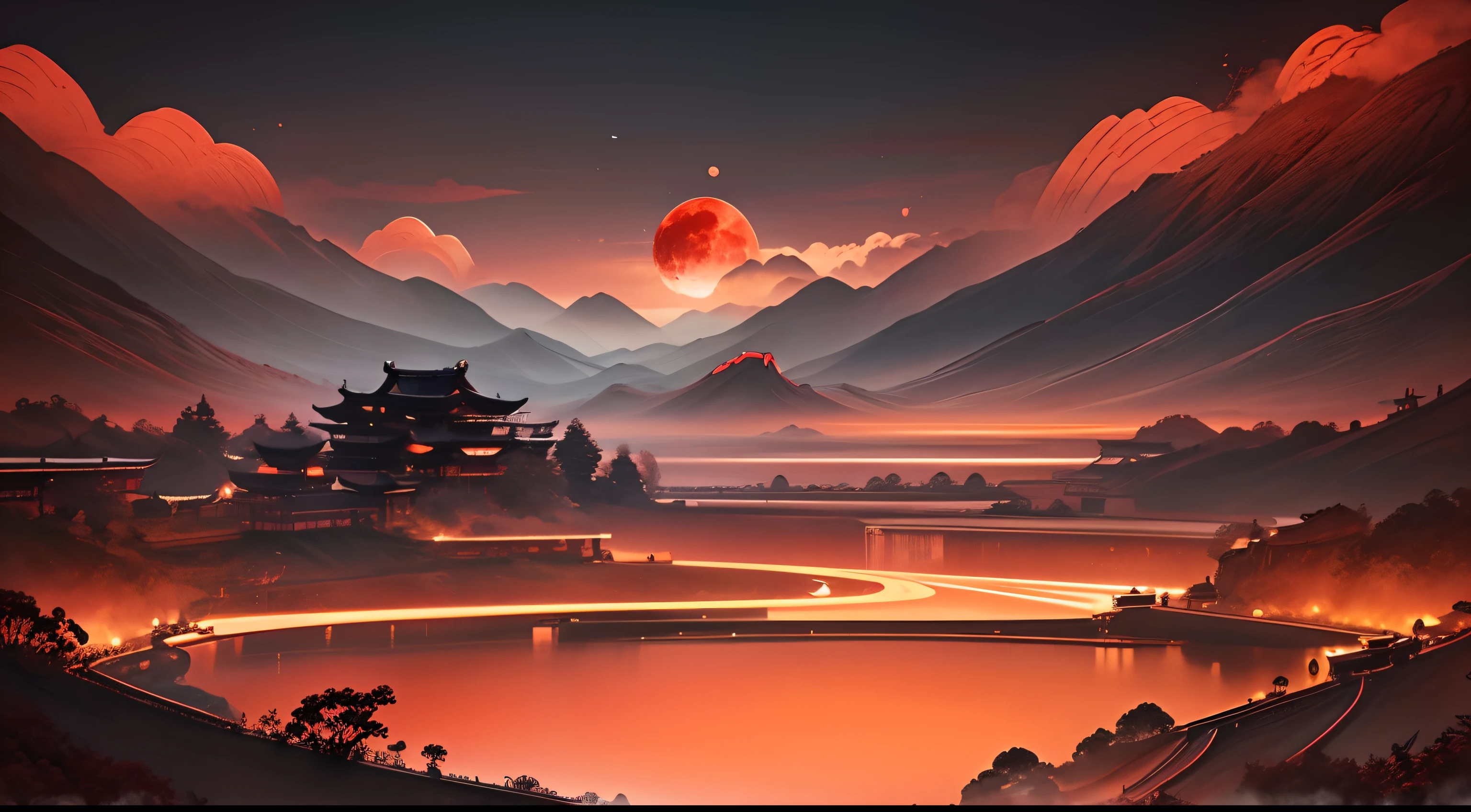 "Traditional Chinese ink landscape painting featuring vibrant red hues. beautiful Super moon, Amazing Detailed. Influenced by ancient Asian and Japanese designs. High-resolution 4k drawing showcasing exquisite artistry and beauty."